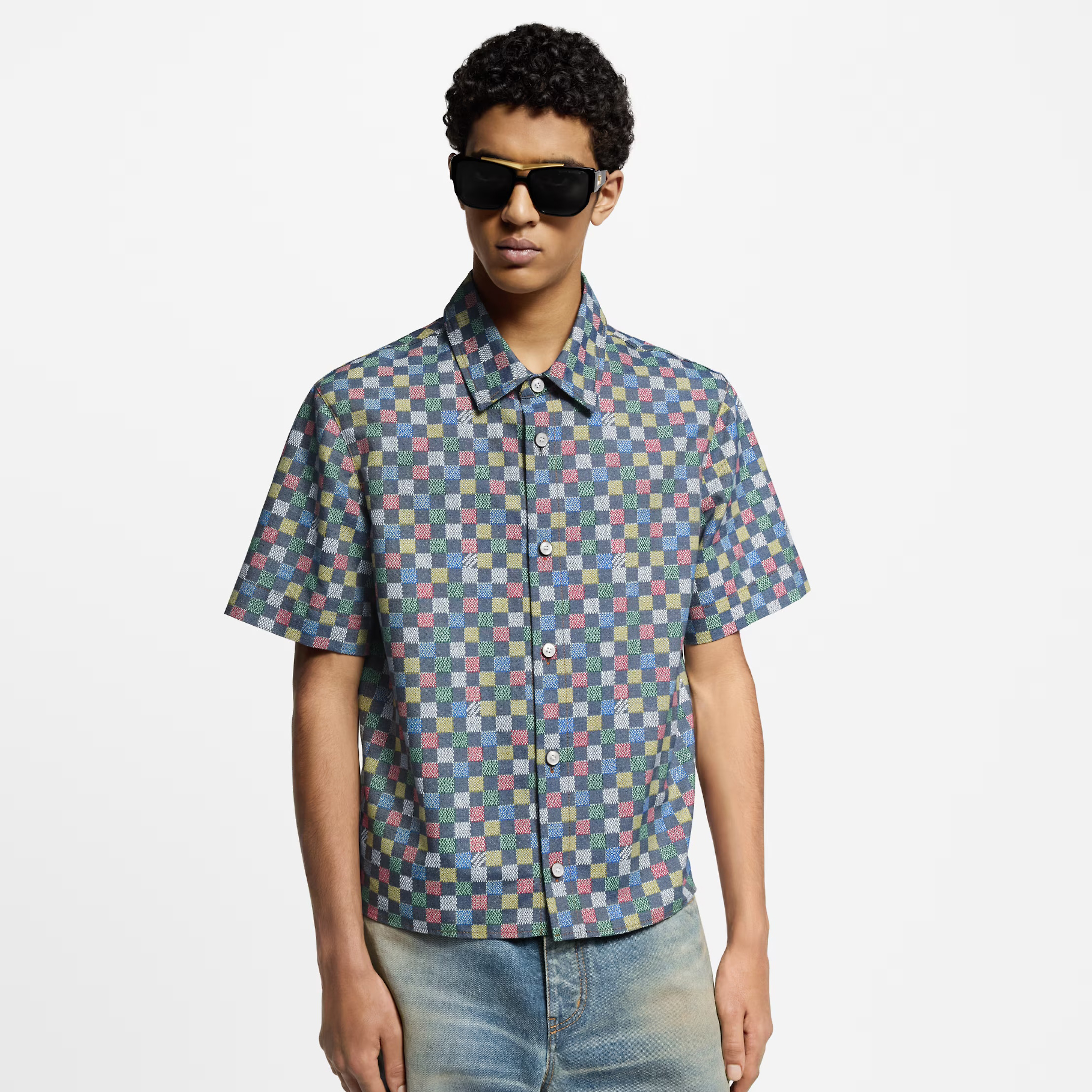 NIGO Louis Vuitton Men's Spring And Summer Color Checkerboard Plaid Lapel Single Breasted Short Sleeved Shirt Wide Legged Casual Shorts Suit Set #nigo75388