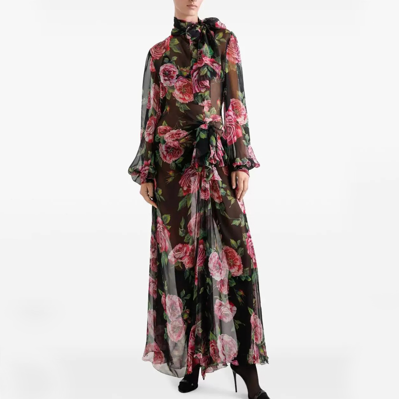 NIGO Dolce&Gabbana Women's Summer Floral Printed Half High Neck Tie Mid-Length Silk Long Sleeve Dresses Ngvp #nigo9996