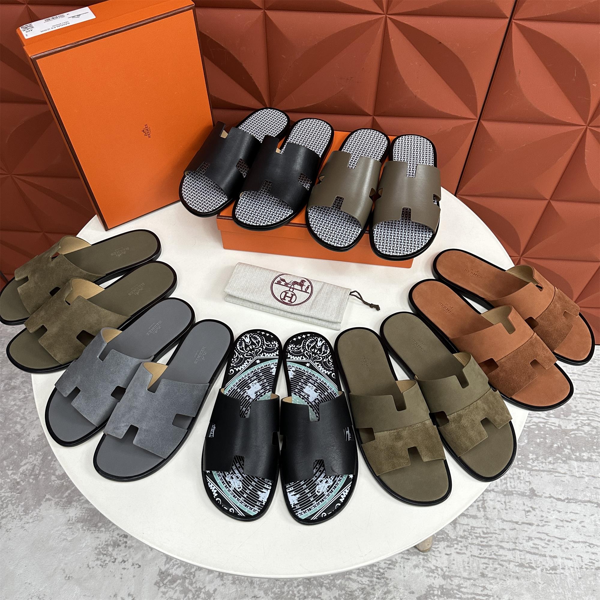 NIGO Hermes Men's Summer Solid Color Suede Round Toe H Leather Slippers Sandals Shoes #nigo75391