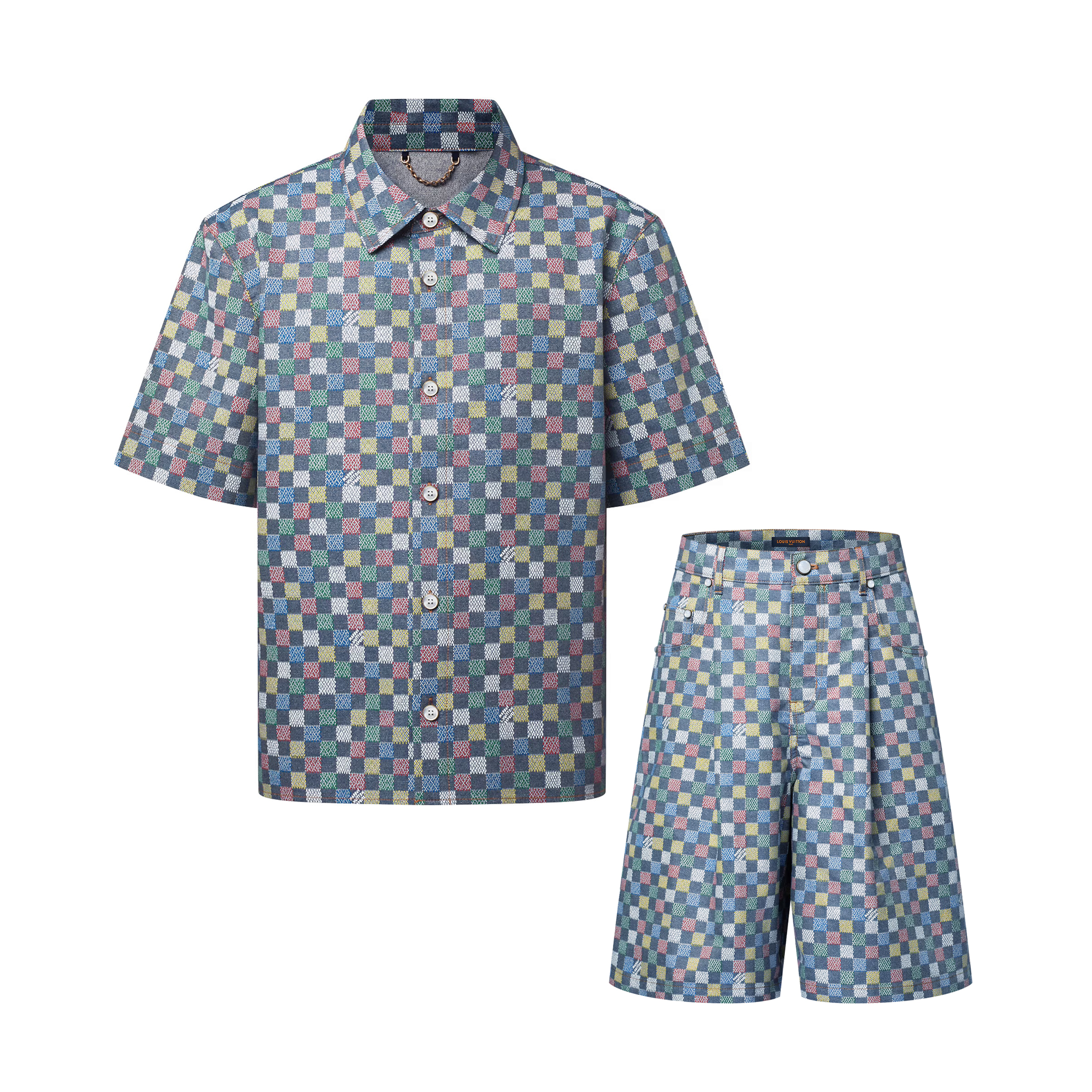 NIGO Louis Vuitton Men's Spring And Summer Color Checkerboard Plaid Lapel Single Breasted Short Sleeved Shirt Wide Legged Casual Shorts Suit Set #nigo75388