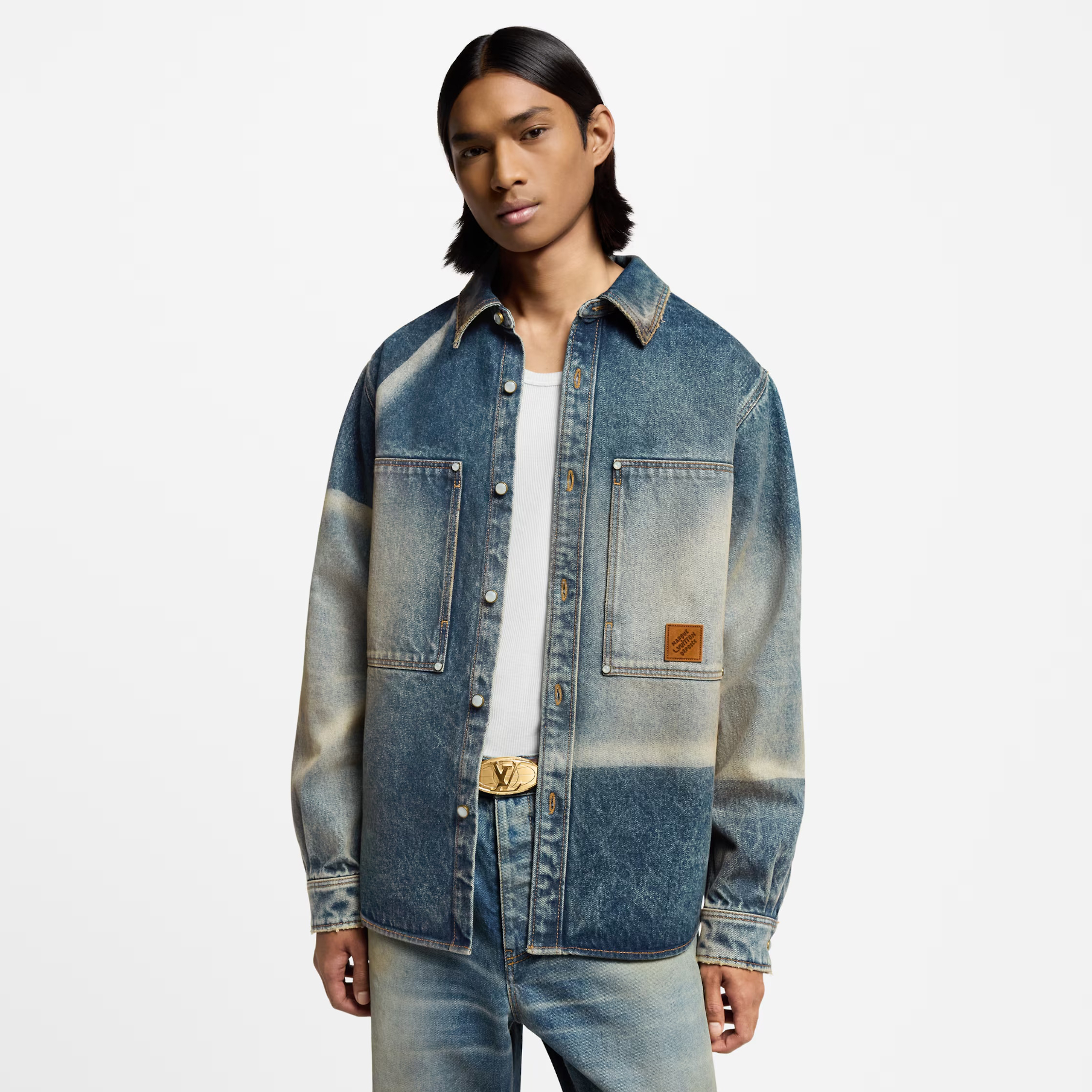 NIGO Louis Vuitton Men's Spring And Fall Blue Logo Badge Lapel Single Breasted Gradient Long Sleeved Shirt Jacket #nigo75392