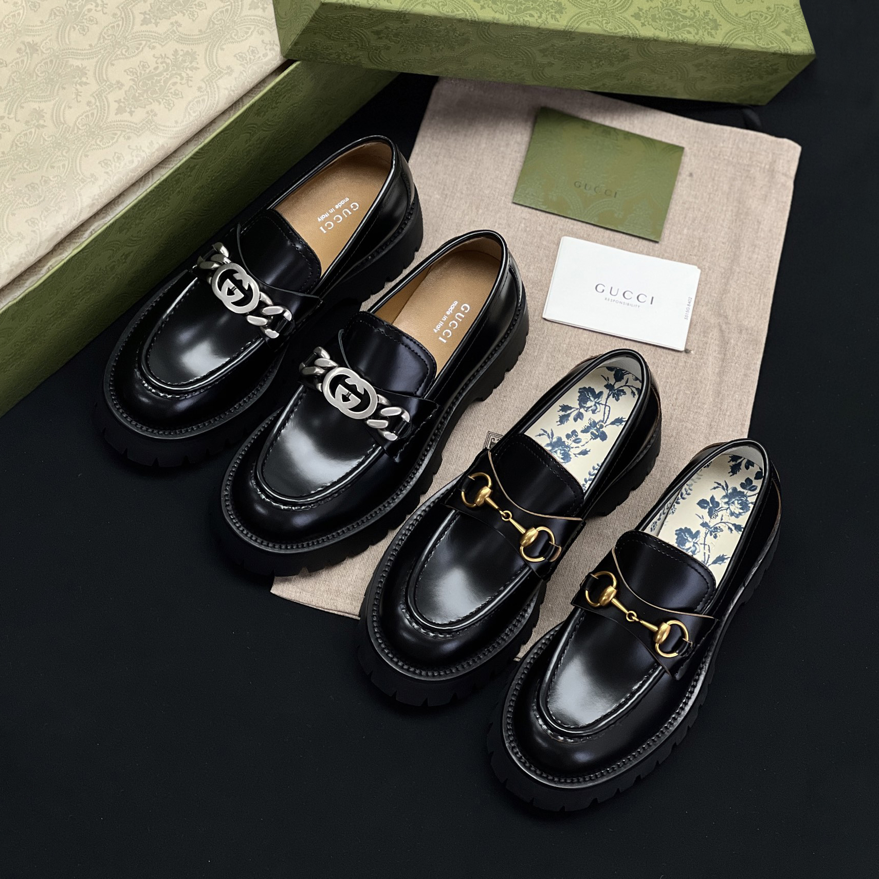 NIGO Gucci Women's Spring and Summer Solid Color Leather Round Head Over-Toe Loafers Shoes #nigo75423