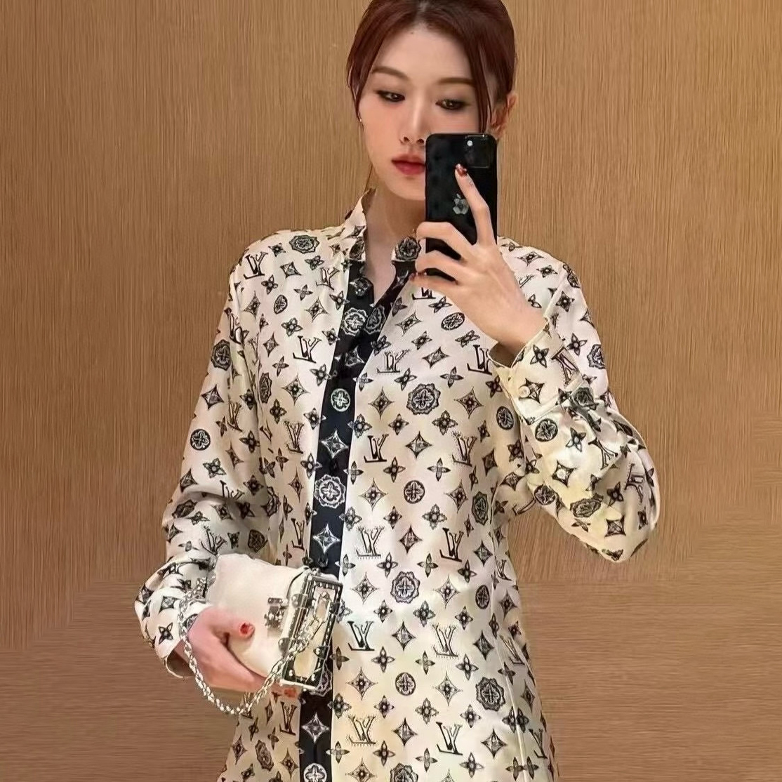 NIGO Louis Vuitton Women's Summer Letter Logo Print Twill Silk Solid Color Long Sleeve Shirt #nigo75394
