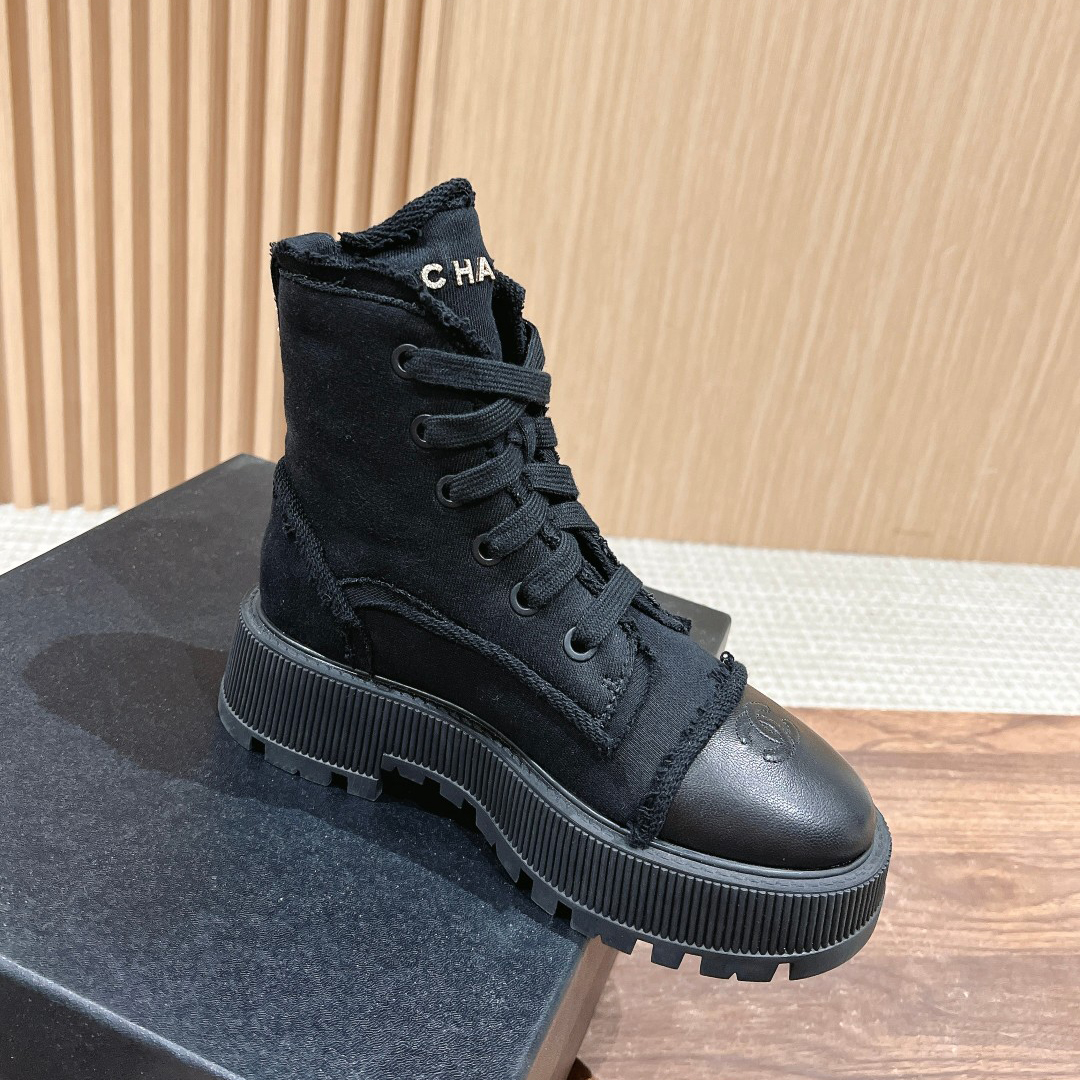 NIGO Chanel Women's Autumn and Winter Solid Color Canvas Patchwork Leather Mid Calf Lace Up Boots Shoes #nigo75459