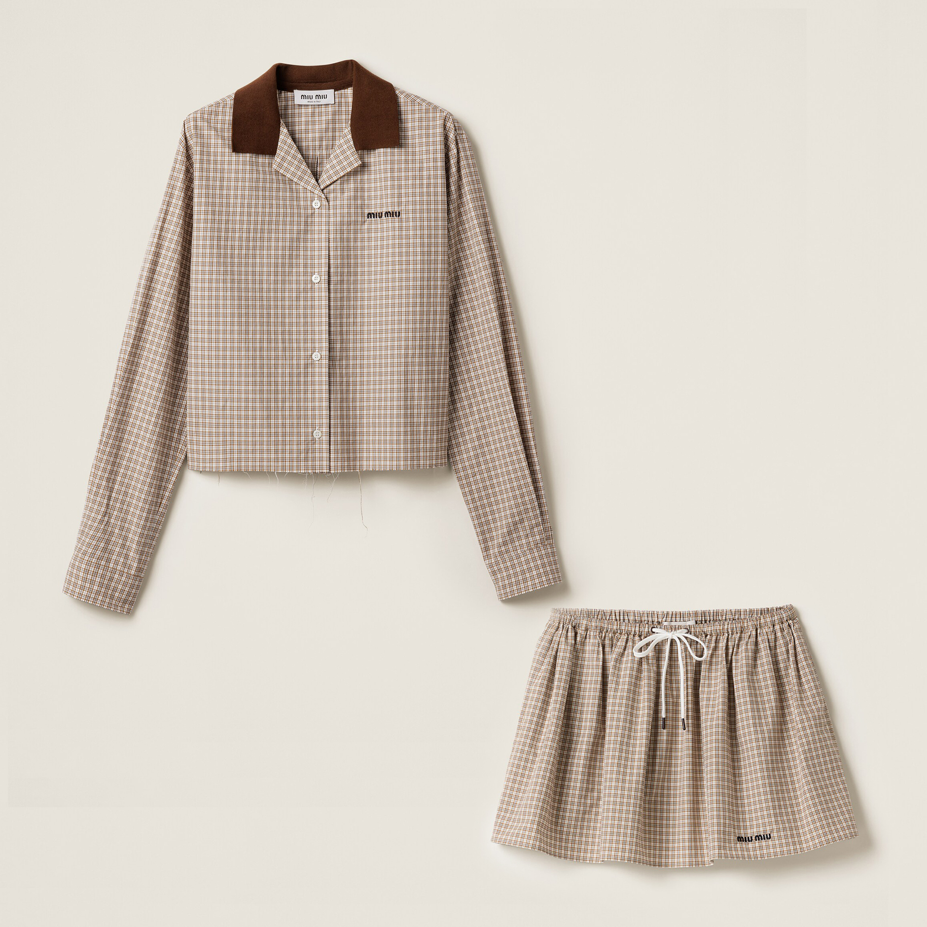 NIGO MiuMiu Women's Spring And Summer Color Blocking Plaid Letters Embroidery Single Breasted Long Sleeved Shirt Tie Elastic Waistband Casual Short Skirt Suit Set #nigo75452