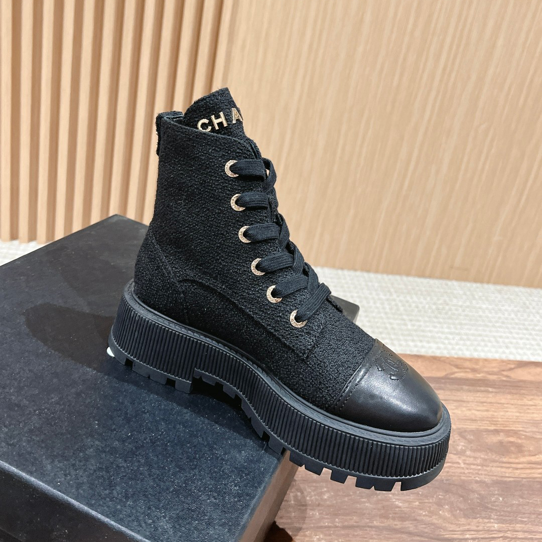 NIGO Chanel Women's Autumn and Winter Solid Color Canvas Patchwork Leather Mid Calf Lace Up Boots Shoes #nigo75459
