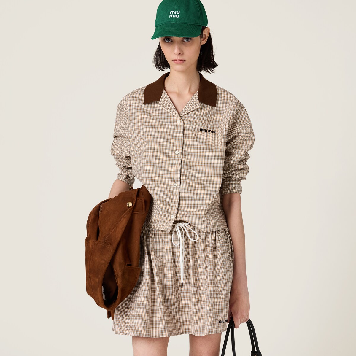 NIGO MiuMiu Women's Spring And Summer Color Blocking Plaid Letters Embroidery Single Breasted Long Sleeved Shirt Tie Elastic Waistband Casual Short Skirt Suit Set #nigo75452