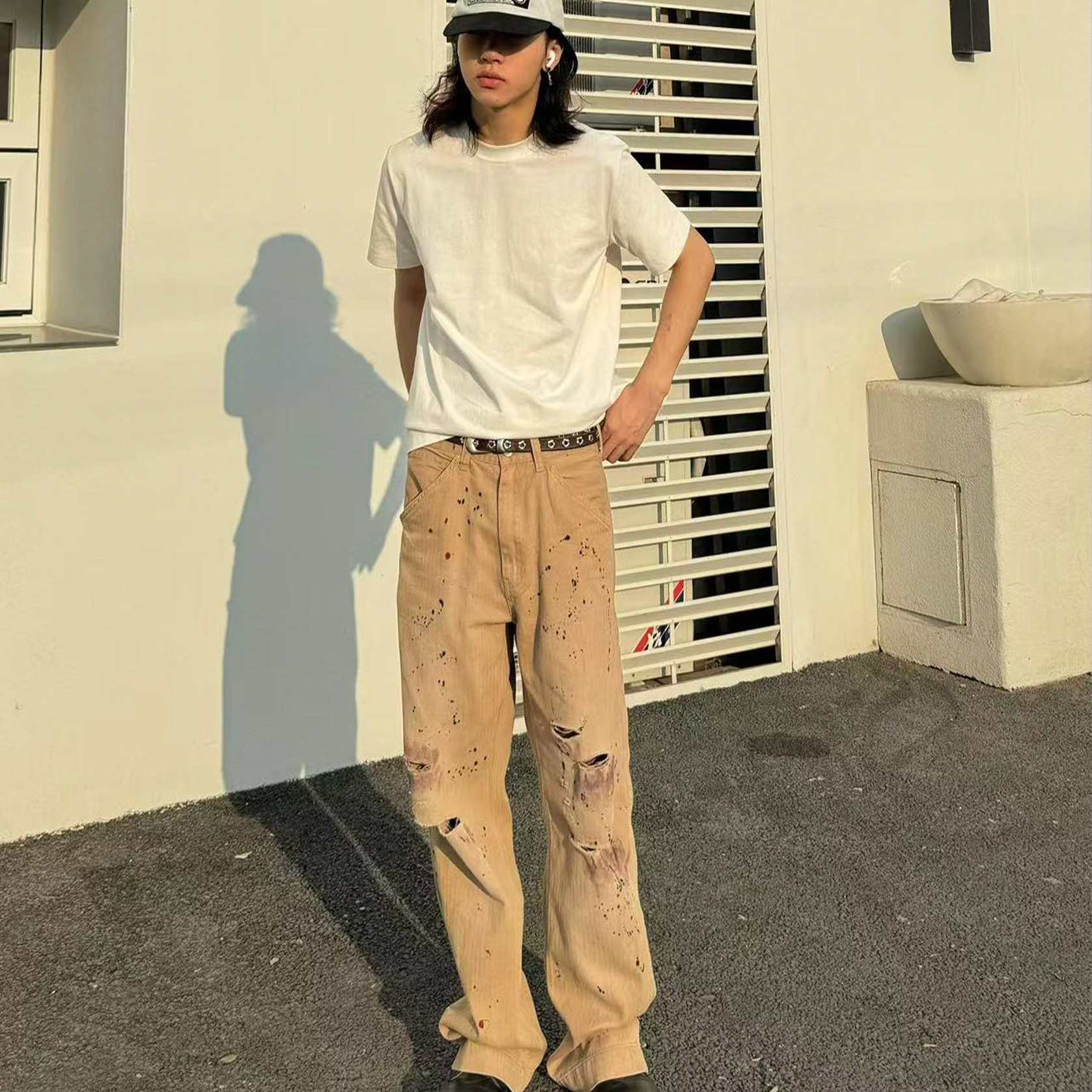 NIGO Men's Four Seasons Washed And Old Destruction Wide-Legged Pants Work Pants Casual Solid Color Pants Ngvp #nigo1141