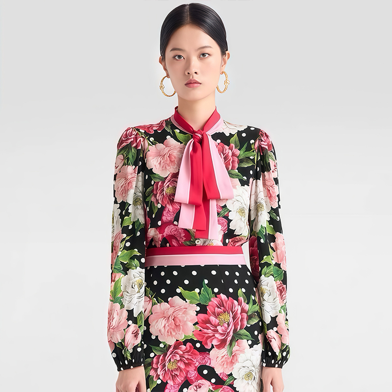 NIGO Dolce&Gabbana Women's Spring And Summer Floral Printing Lace-up Long Sleeve Silk Shirt Casual Half Skirt Ngvp #nigo1153