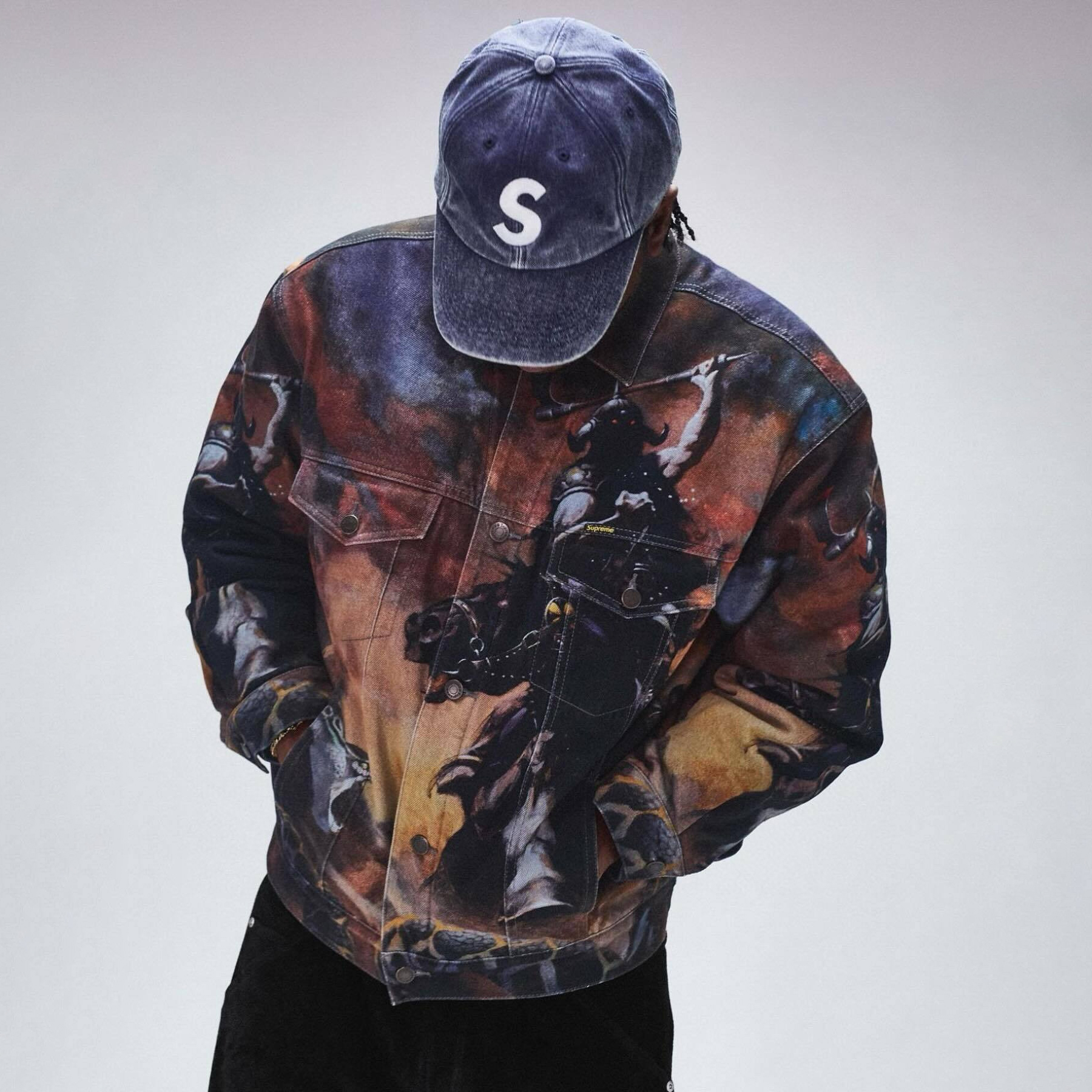 NIGO Supreme x Frank Frazetta Men's Fall And Winter Animal Print Pattern Single Breasted Long Sleeved Denim Jacket Loose Straight Jeans Pants Suit Set #nigo75476