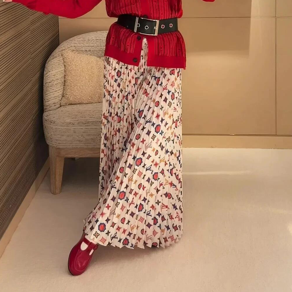 NIGO Louis Vuitton Women's Summer Colorful Letter Printed Pleated Mid Waist Silk Casual Half-body Skirt #nigo75484