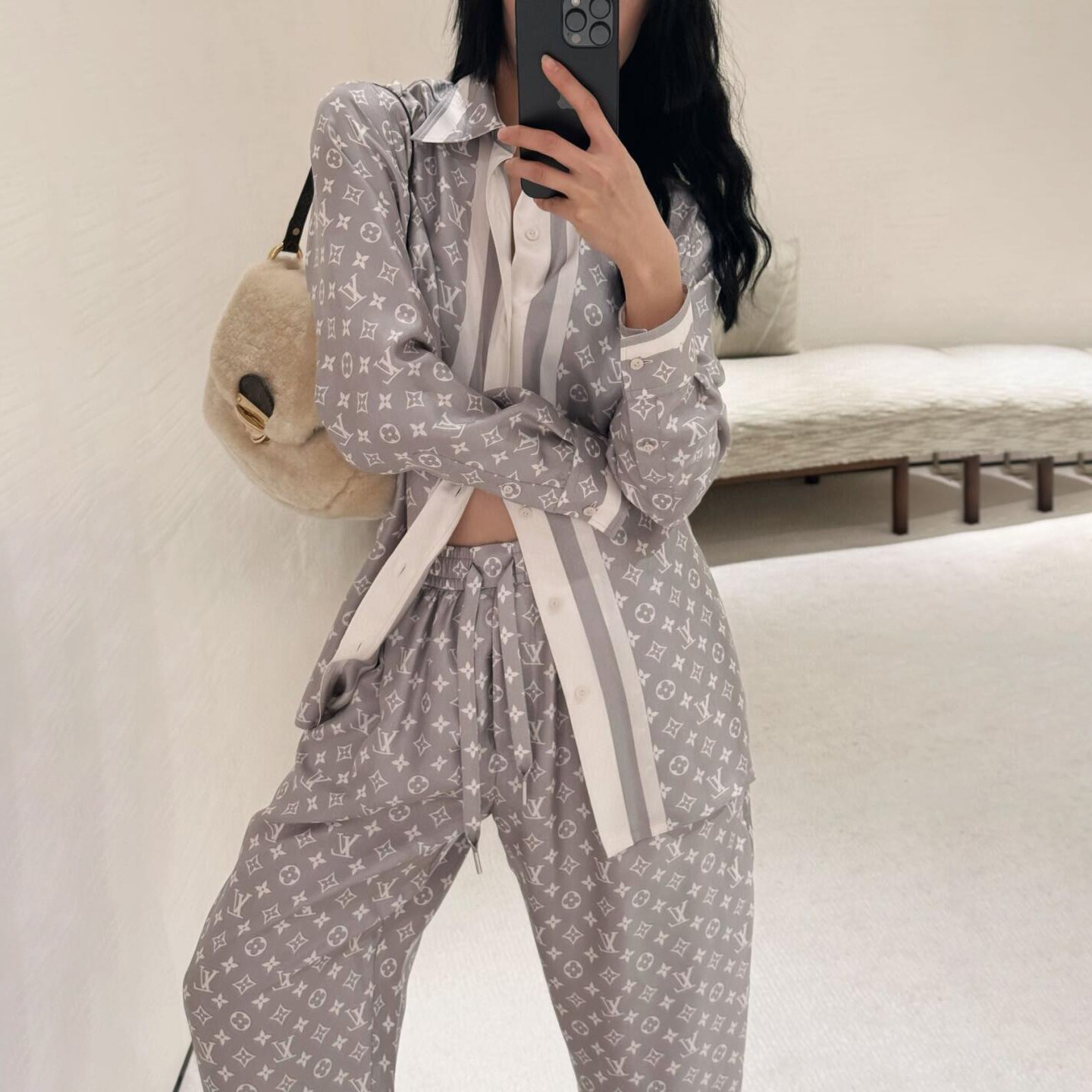 NIGO Louis Vuitton Women's Summer Gray Letter Printed Single Breasted Long Sleeve Silk Shirt Elastic Waist Loose Casual Pants Set Suit #nigo75485