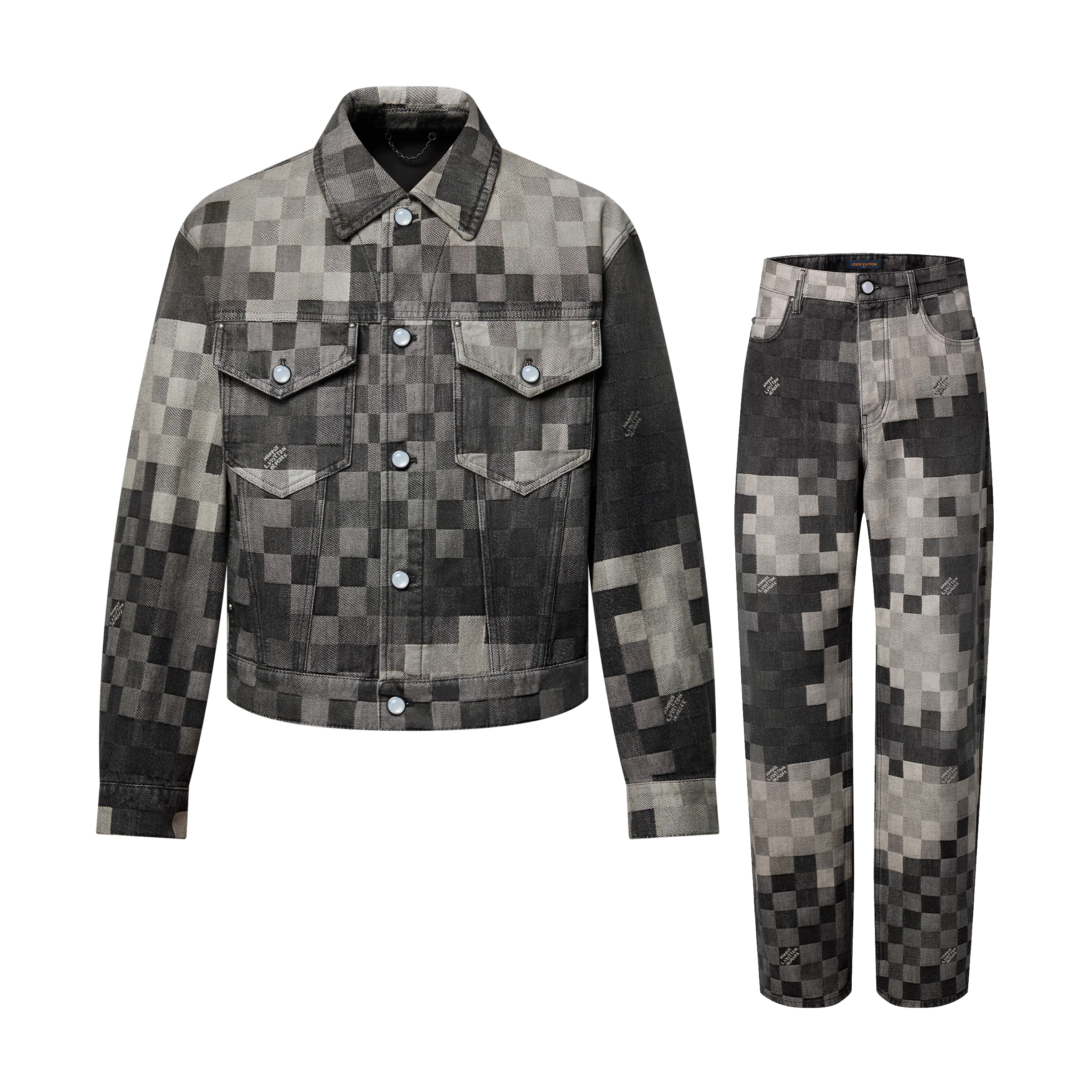 NIGO Louis Vuitton Men's Fall And Winter Black And White Plaid Old Print Single Breasted Long Sleeved Denim Jacket Straight Jeans Pants Suit Set #nigo75477