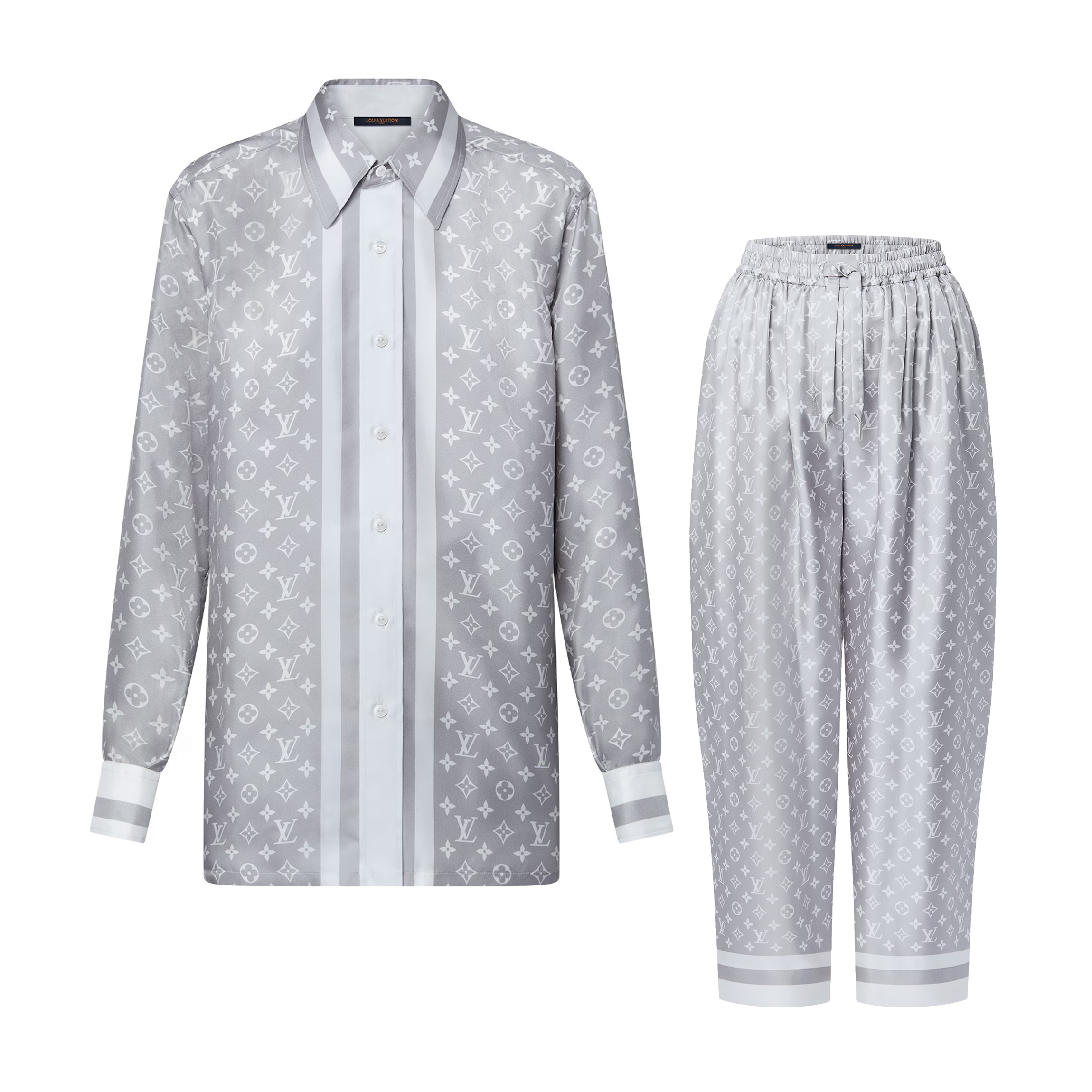 NIGO Louis Vuitton Women's Summer Gray Letter Printed Single Breasted Long Sleeve Silk Shirt Elastic Waist Loose Casual Pants Set Suit #nigo75485