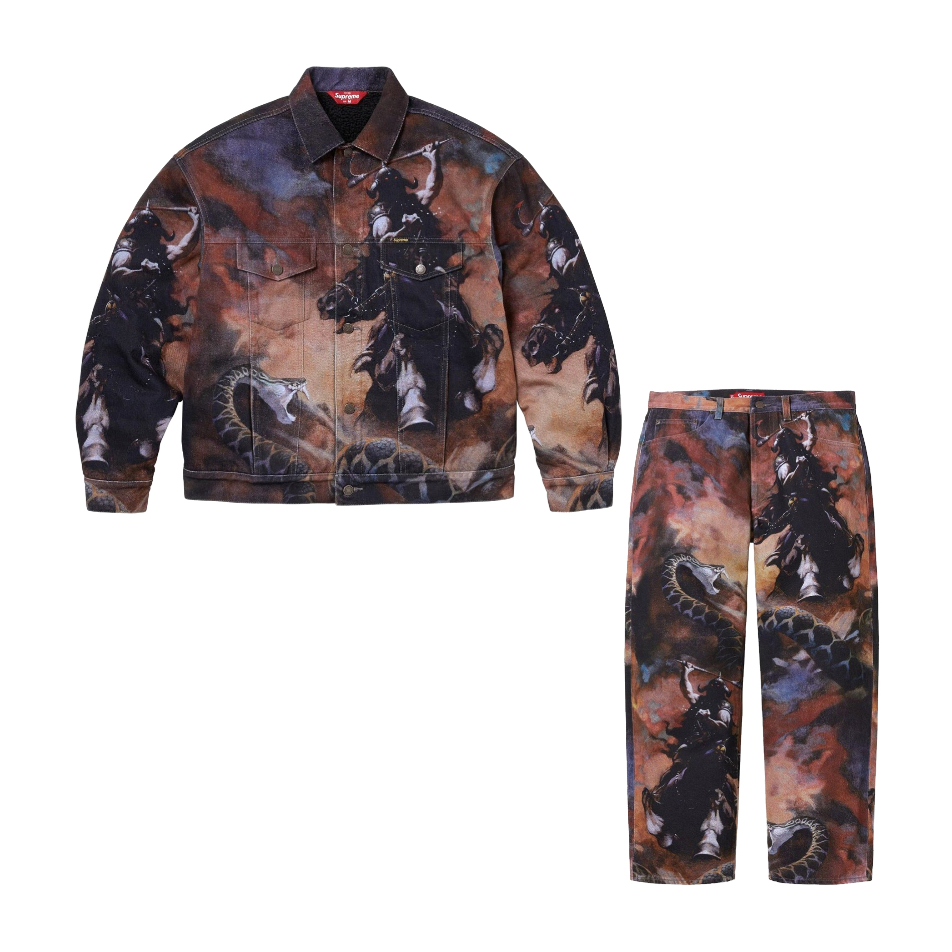 NIGO Supreme x Frank Frazetta Men's Fall And Winter Animal Print Pattern Single Breasted Long Sleeved Denim Jacket Loose Straight Jeans Pants Suit Set #nigo75476