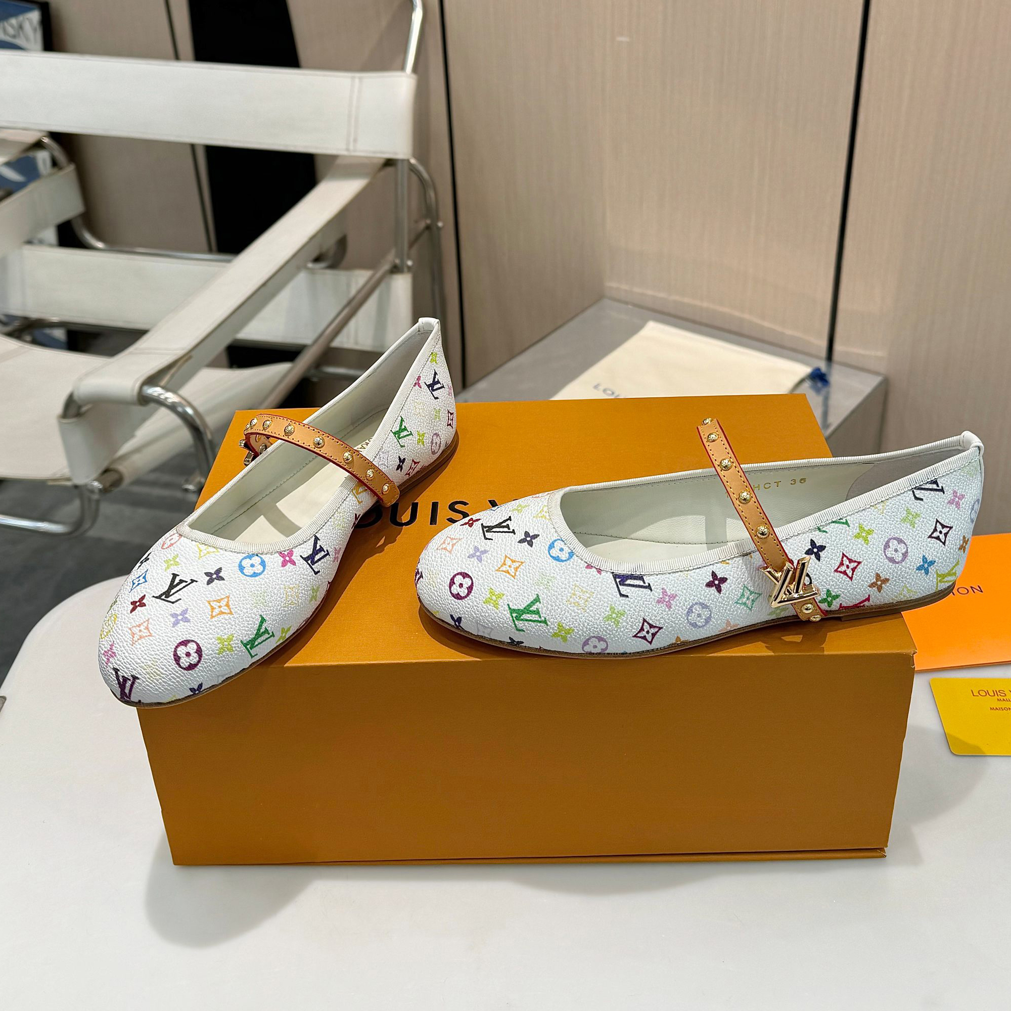 NIGO Louis Vuitton Women's Colorful Letter Print Round Toe Flat Leather Flat Heeled Ballet Shoes #nigo75514