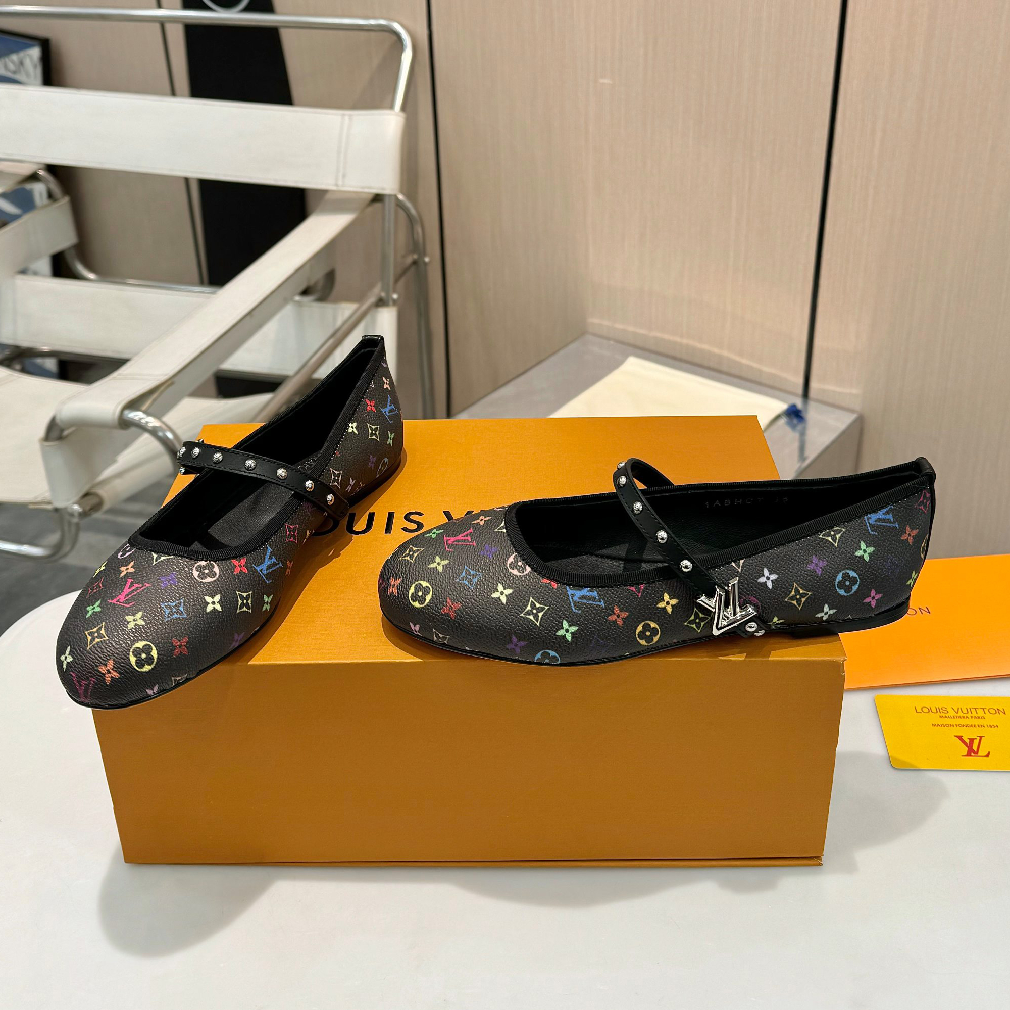 NIGO Louis Vuitton Women's Colorful Letter Print Round Toe Flat Leather Flat Heeled Ballet Shoes #nigo75514