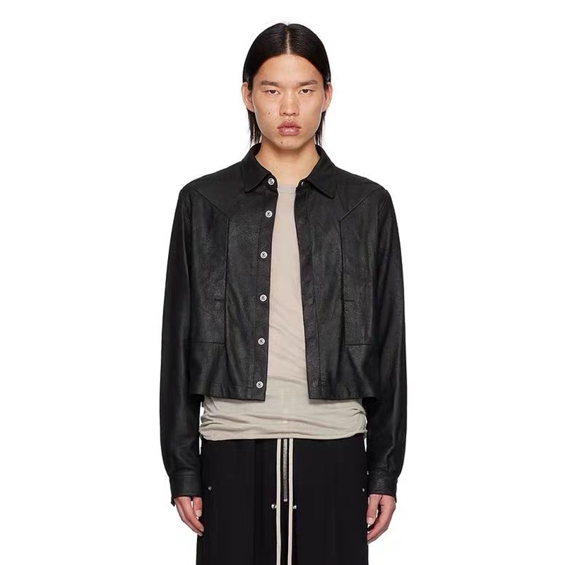 NIGO Rick Owens Men's Spring And Fall Single-Breasted Solid Color Long Sleeve Fitted Short Leather Shirt Ngvp #nigo1162