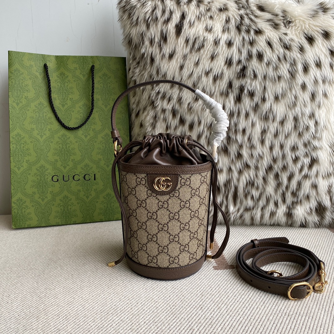 NIGO Gucci Women‘s Ophidia Brown Adjustable Shoulder Strap Drawstring Closure Canvas Spell Leather Bucket Bag Single Shoulder Crossbody Handbag Bags #nigo75549