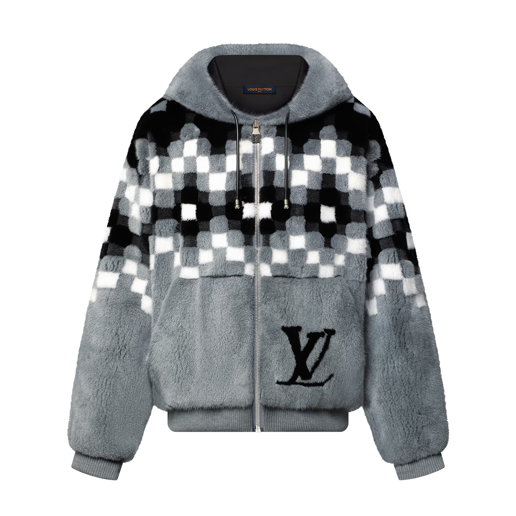 NIGO Louis Vuitton Men's Autumn and Winter Black and White Check Printed Hooded Drawstring Mink Hair Zipper Long Sleeve Jacket #nigo75531