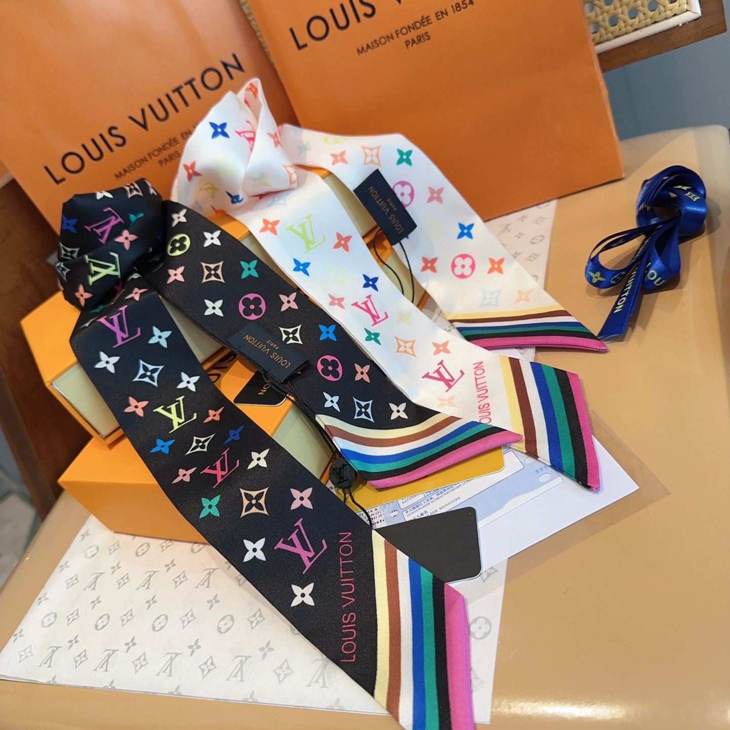 NIGO Louis Vuitton LV x TM BB Women's Colorful Alphabet Printed Twill Long Silk Scarf, Hair Bundle Accessories #nigo75548