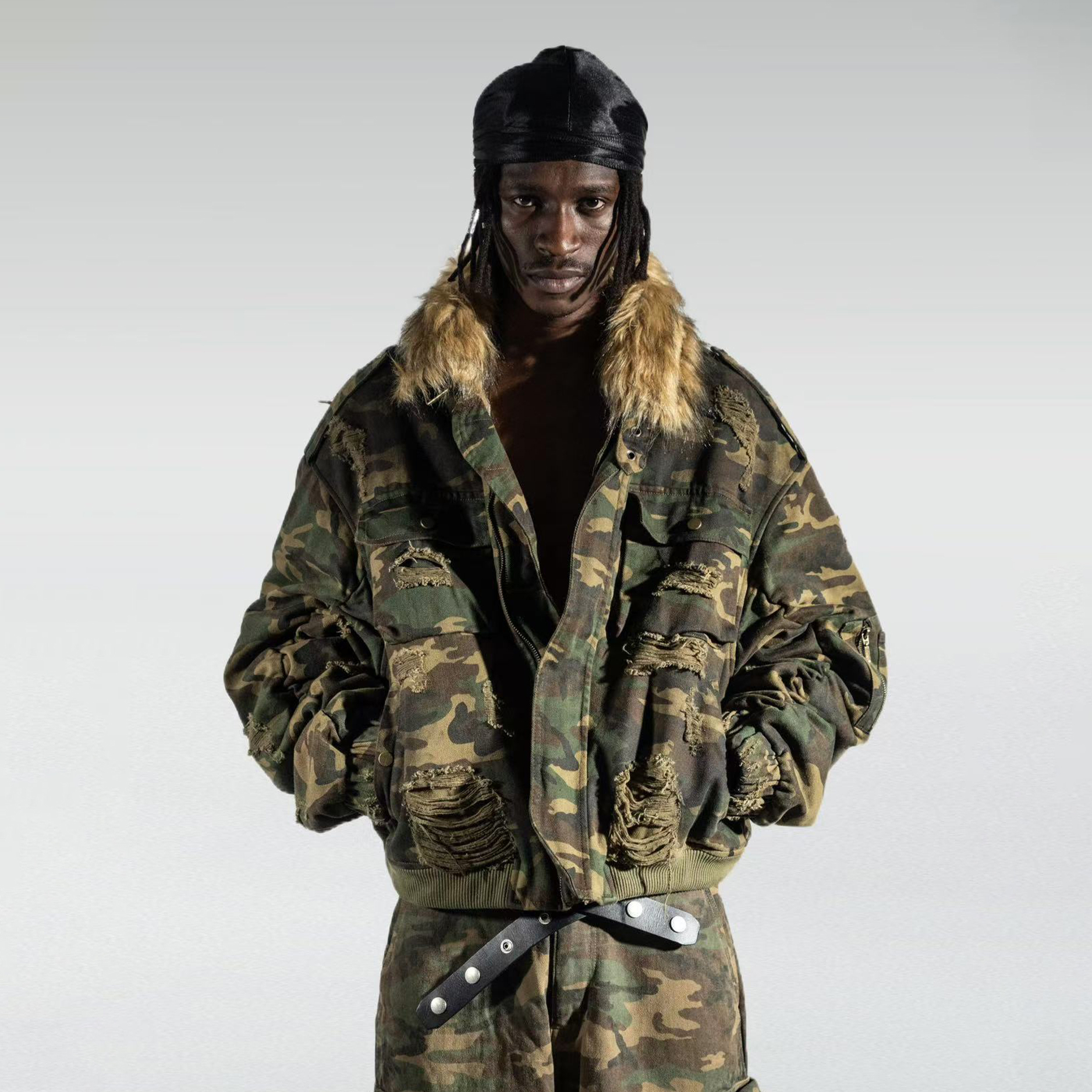 NIGO REGEN ZONE Men's Winter Washed Removable Fur Collar Short Camouflage Destruction Loose Long Sleeve Cotton Jacket Ngvp #nigo1164
