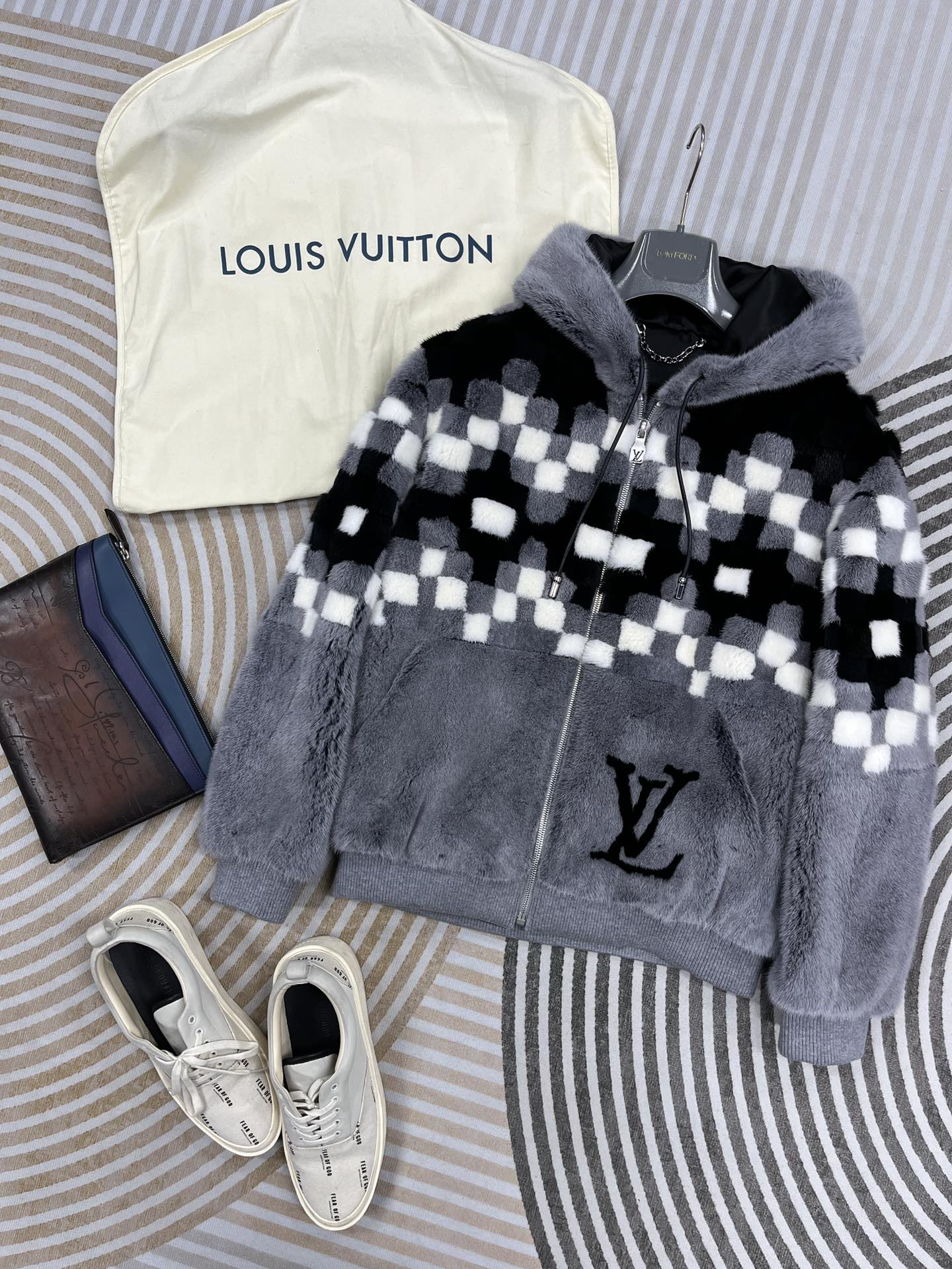 NIGO Louis Vuitton Men's Autumn and Winter Black and White Check Printed Hooded Drawstring Mink Hair Zipper Long Sleeve Jacket #nigo75531