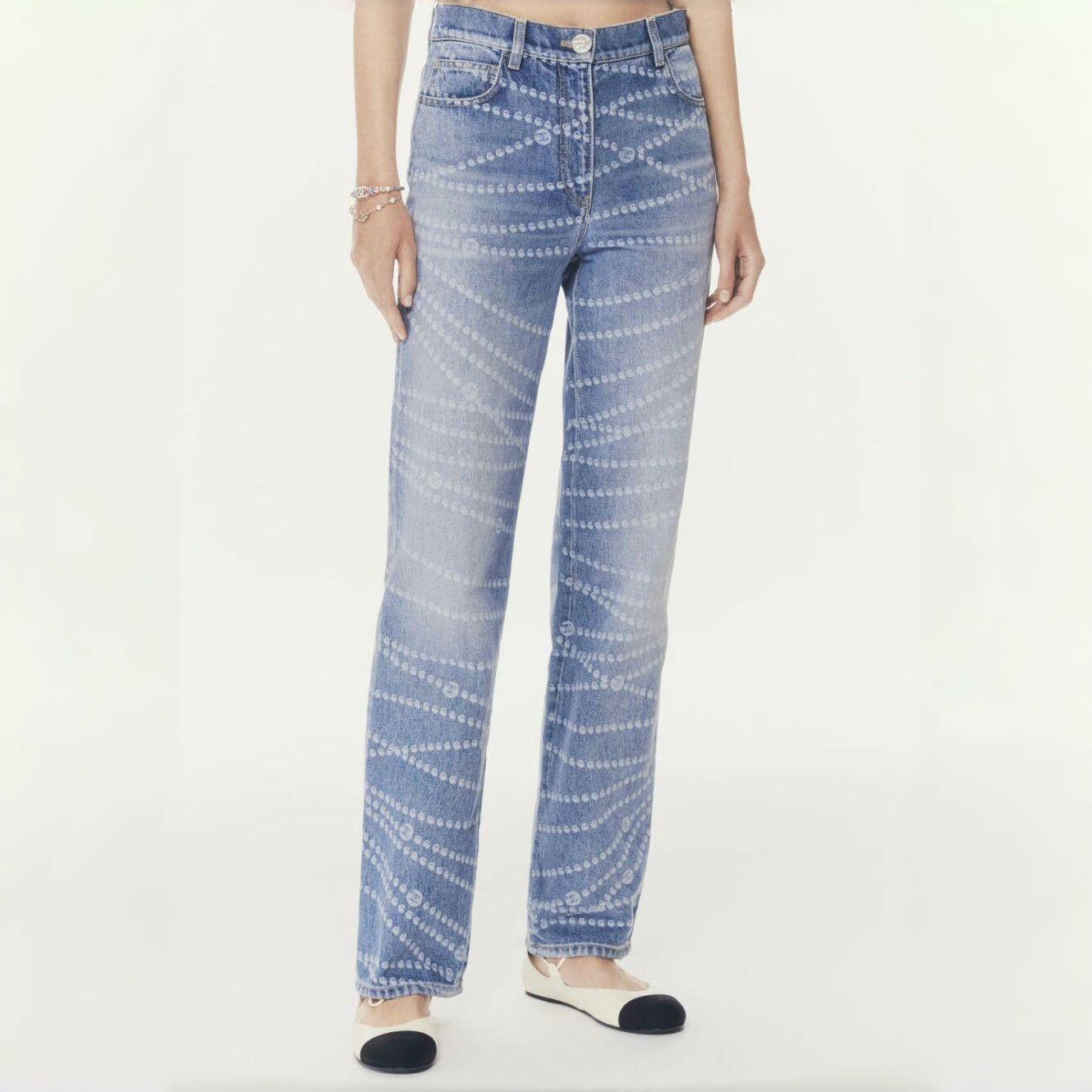 NIGO Chanel Women's Spring and Autumn Blue Printed Washed Cotton Button Straight Long Jeans Pants #nigo75498