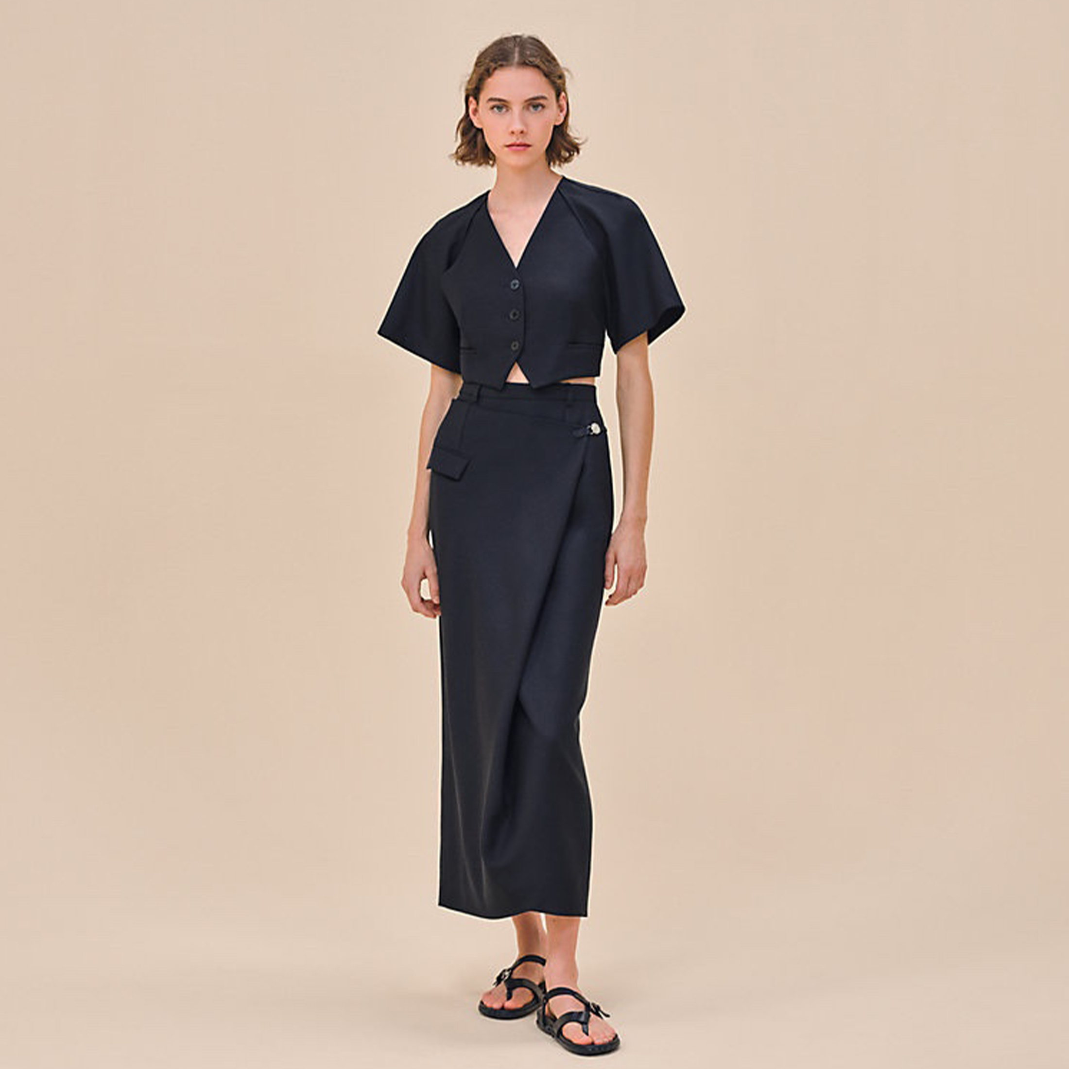 NIGO Hermes Women's Season Wool Fabric With Mulberry Silk Lining Simple Single-breasted V-neck Exposed Waist Short Top Shirt High-waisted Half-skirt Dress Luxury Simple Temperament Fashion Suit Set Ngvp #nigo1179