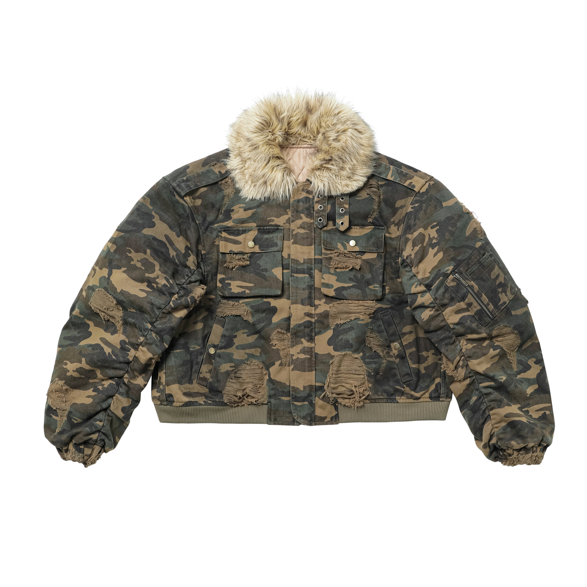 NIGO REGEN ZONE Men's Winter Washed Removable Fur Collar Short Camouflage Destruction Loose Long Sleeve Cotton Jacket Ngvp #nigo1164