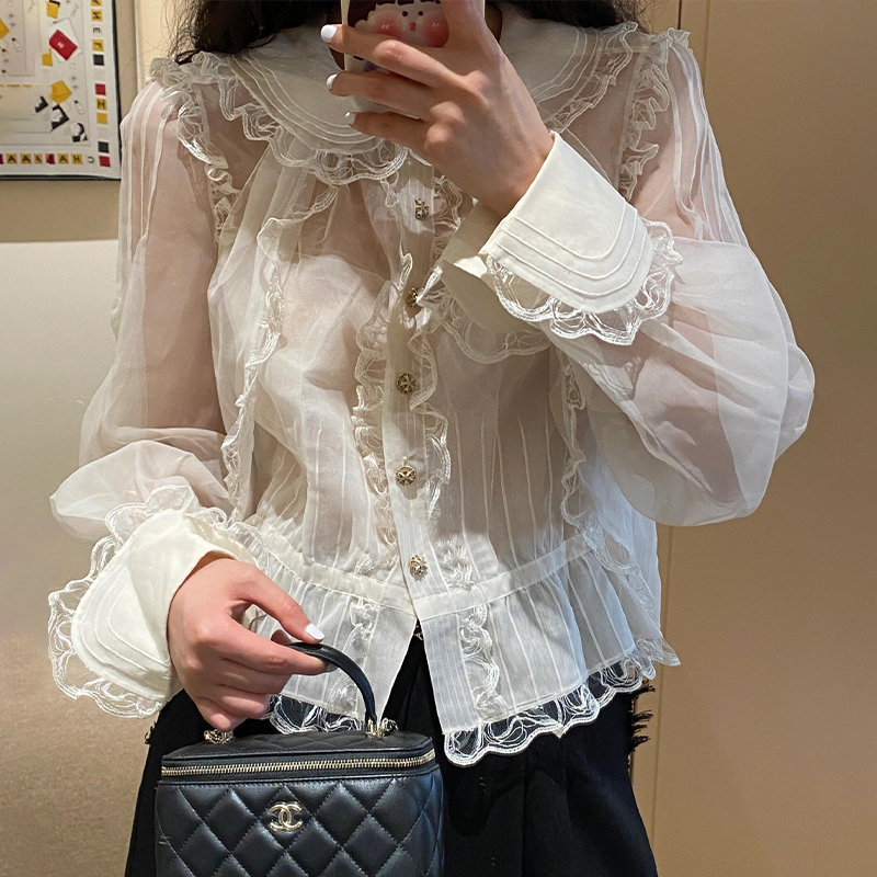 NIGO Chanel Women's Spring And Summer Organza Silk Single-Breasted Lapel Lace Solid Color Long-Sleeved Shirt Ngvp #nigo1166