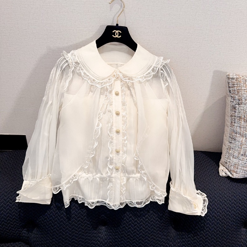 NIGO Chanel Women's Spring And Summer Organza Silk Single-Breasted Lapel Lace Solid Color Long-Sleeved Shirt Ngvp #nigo1166