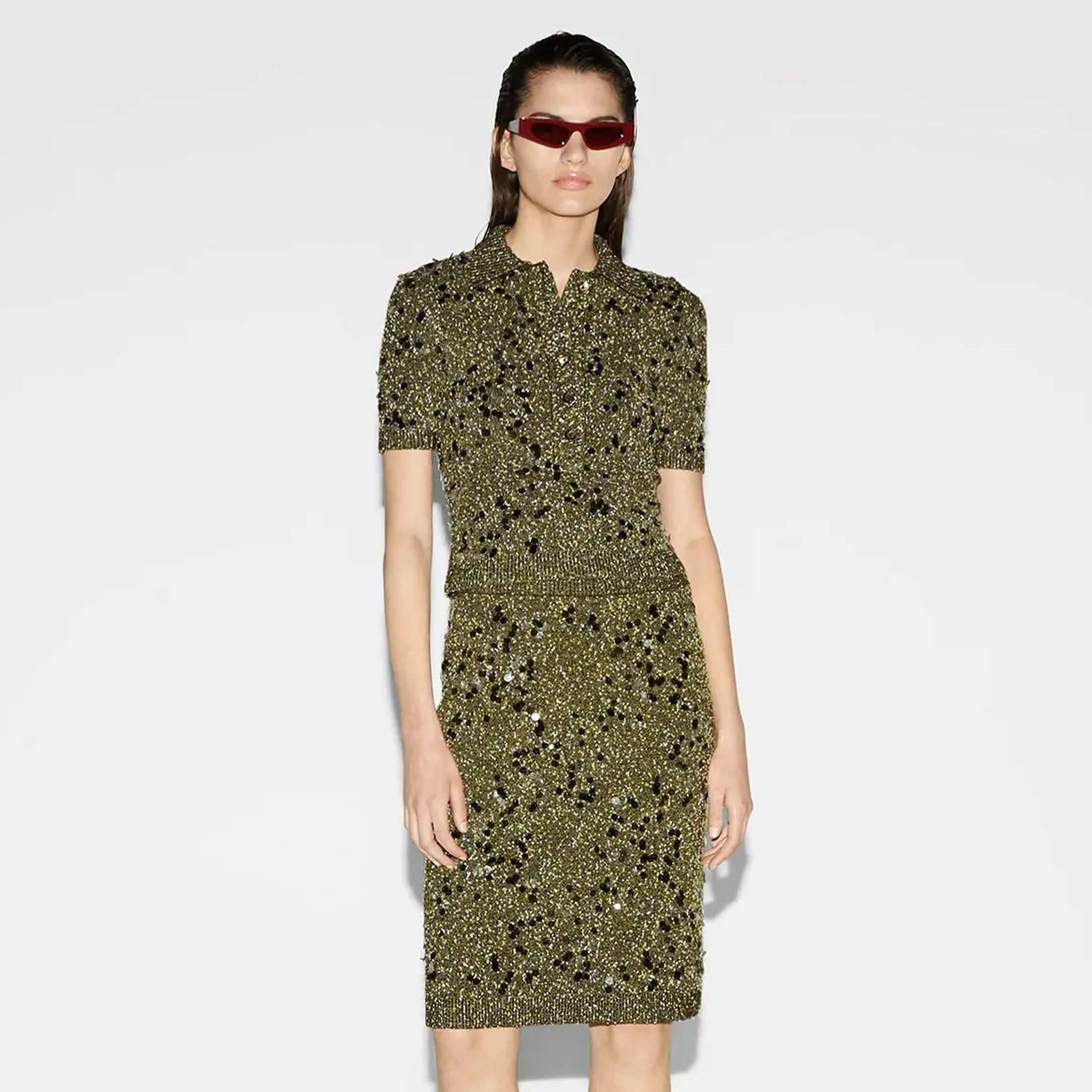 NIGO Gucci Women's Spring/summer Viscose Fibre Tweed Blend Polo Shirt Blue Green Sequin Embroidery Lapel Knit Top T-shirt Stretchy Straight Hem Skirt Short Skirt Suit Set  #nigo81123