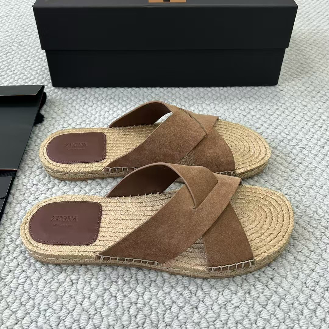NIGO Ermenegildo Zegna Men's Summer Pure Color Calfskin Round Head Overfoot Raffia Flat Slippers Sandals Shoes #nigo75555