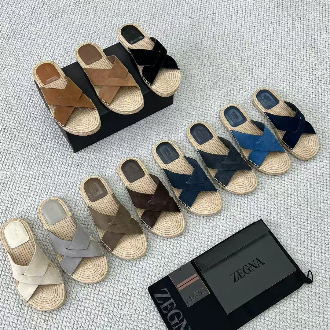 NIGO Ermenegildo Zegna Men's Summer Pure Color Calfskin Round Head Overfoot Raffia Flat Slippers Sandals Shoes #nigo75555