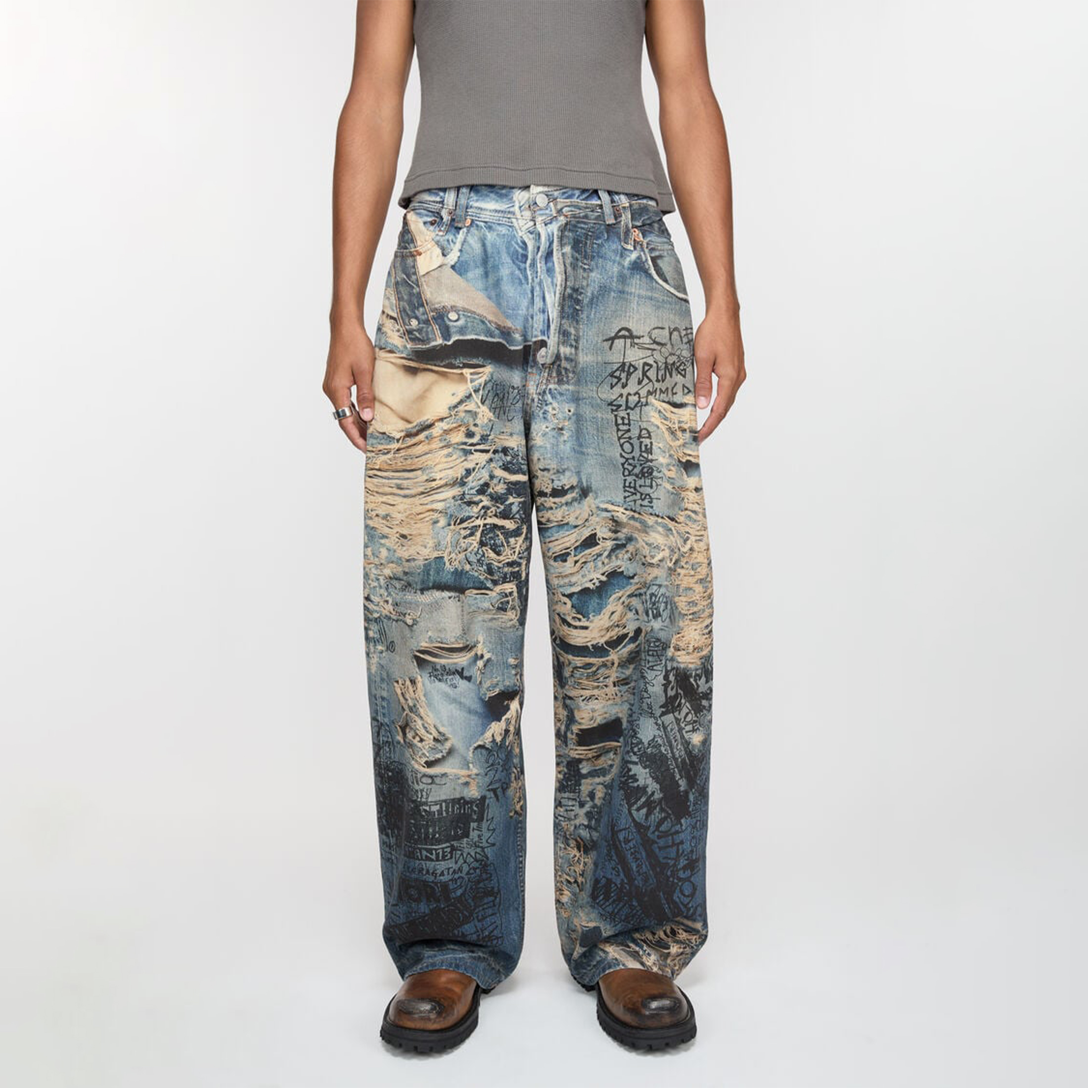 NIGO Acne Studios Men's Spring And Summer Ripped Graffiti Mise-en-scène Effect Print Denim Pants Super Loose Fit Jeans Fashion High Street Casual Blue Straight Trousers Ngvp #nigo1186