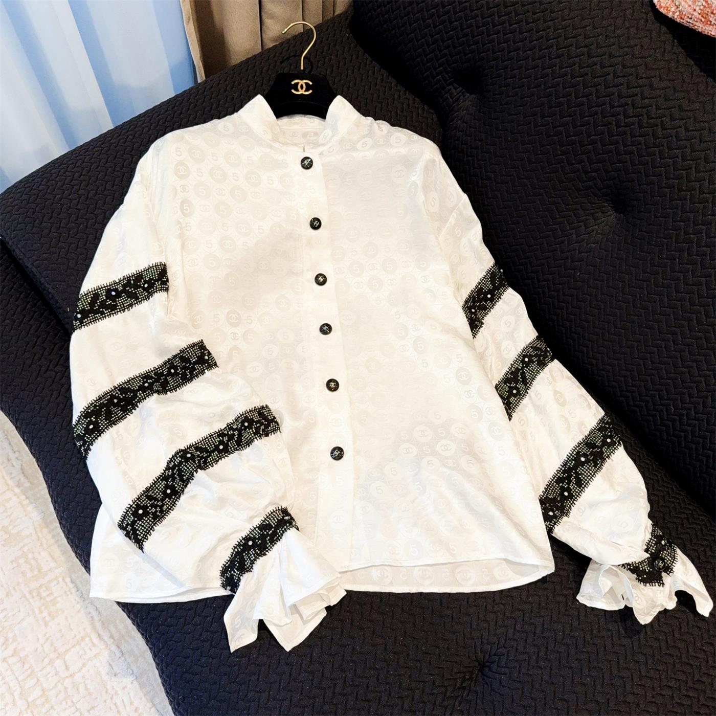 NIGO Chanel Women's Summer Embroidery Printed Black and White Jacquard Silk Single Breasted Long Sleeve Shirt #nigo75597