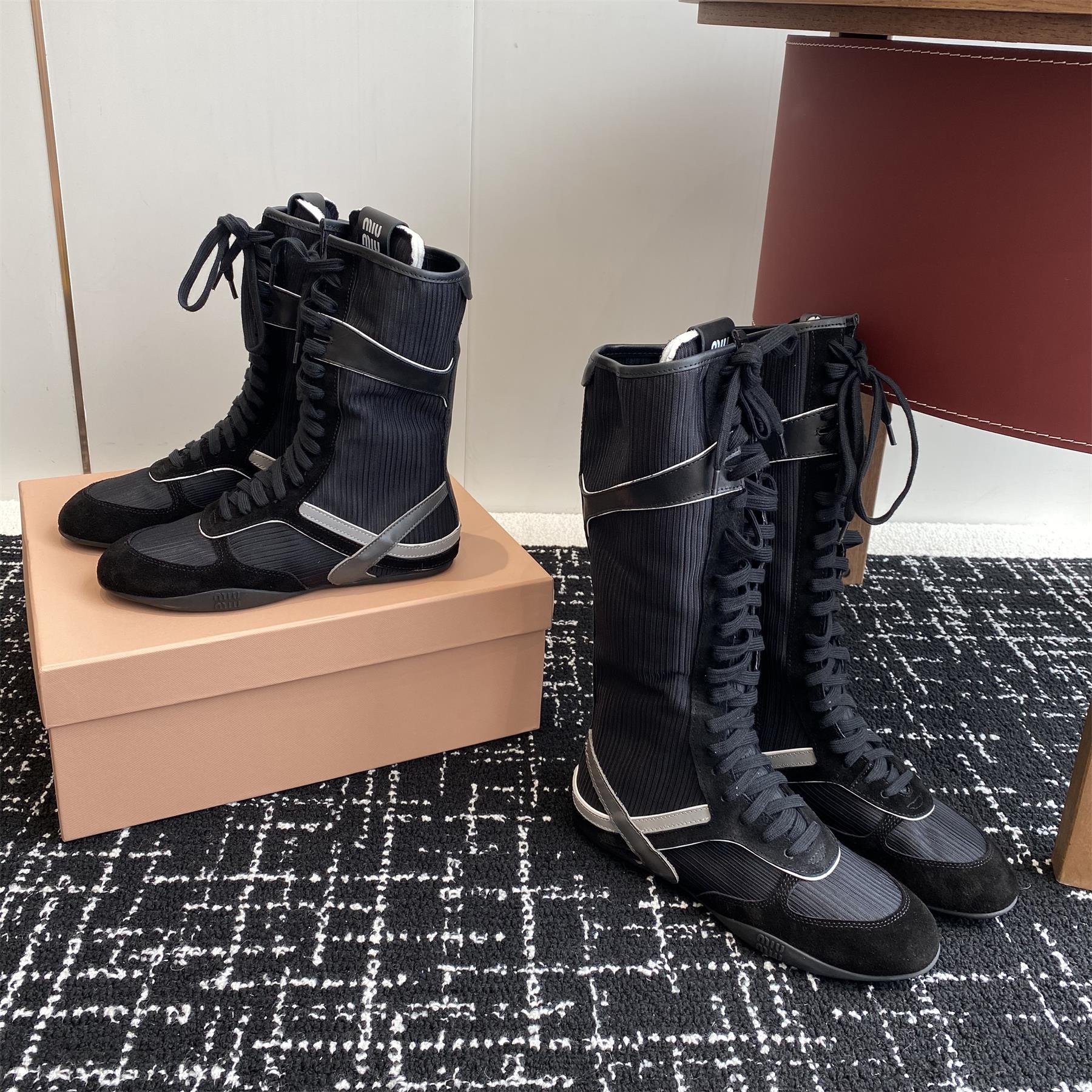 NIGO MiuMiu Gymnasium Women's Four Seasons Solid Color Round Toe Zipper Lace Up Tall Mid Calf Boots Shoes #nigo75592