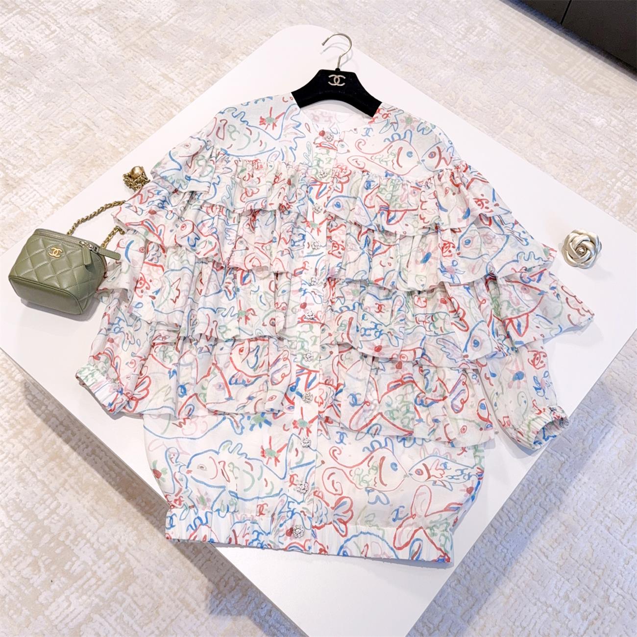 NIGO Chanel Women's Summer Fish Printed Silk Lace Short Sleeve Short Dress #nigo75594