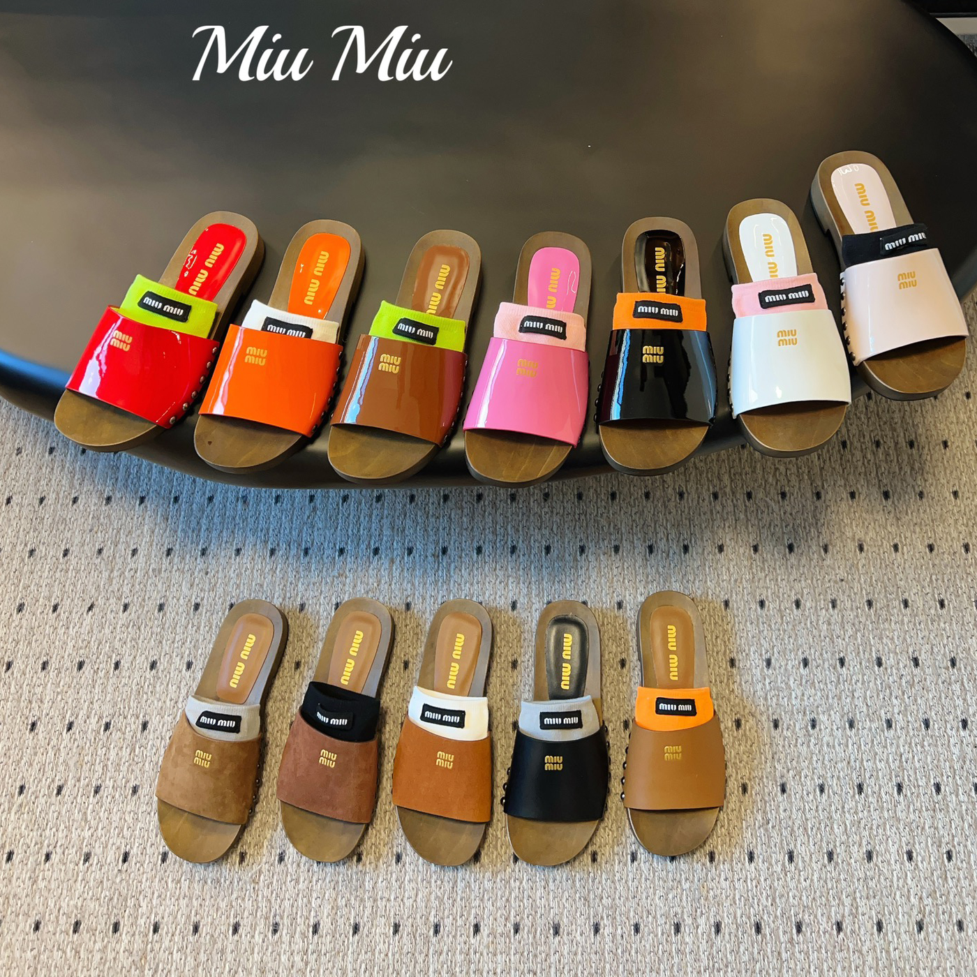 NIGO MiuMiu Women's Summer Solid Color Suede Patent Leather Round Head Set Foot Clogs Slippers Sandals Shoes #nigo75599