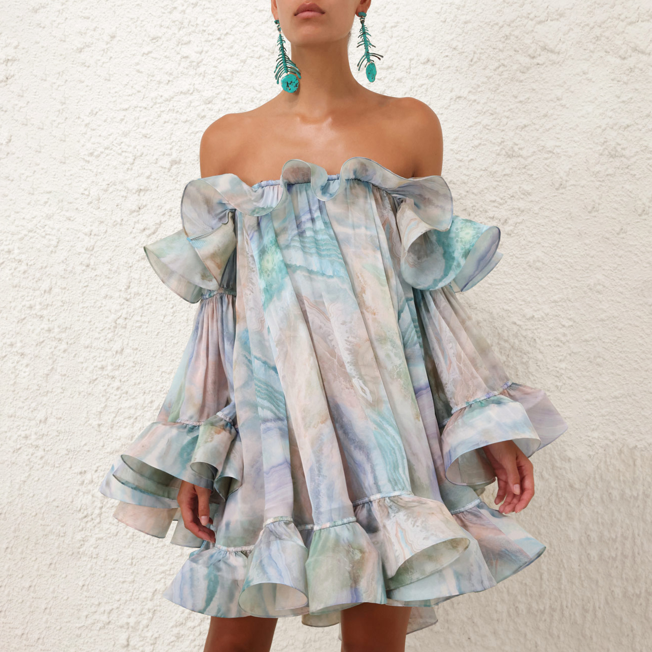 NIGO Zimmermann Women's Summer Blue Ruffle Design Adjustable Straps Silk Long Sleeve Dress #nigo75613