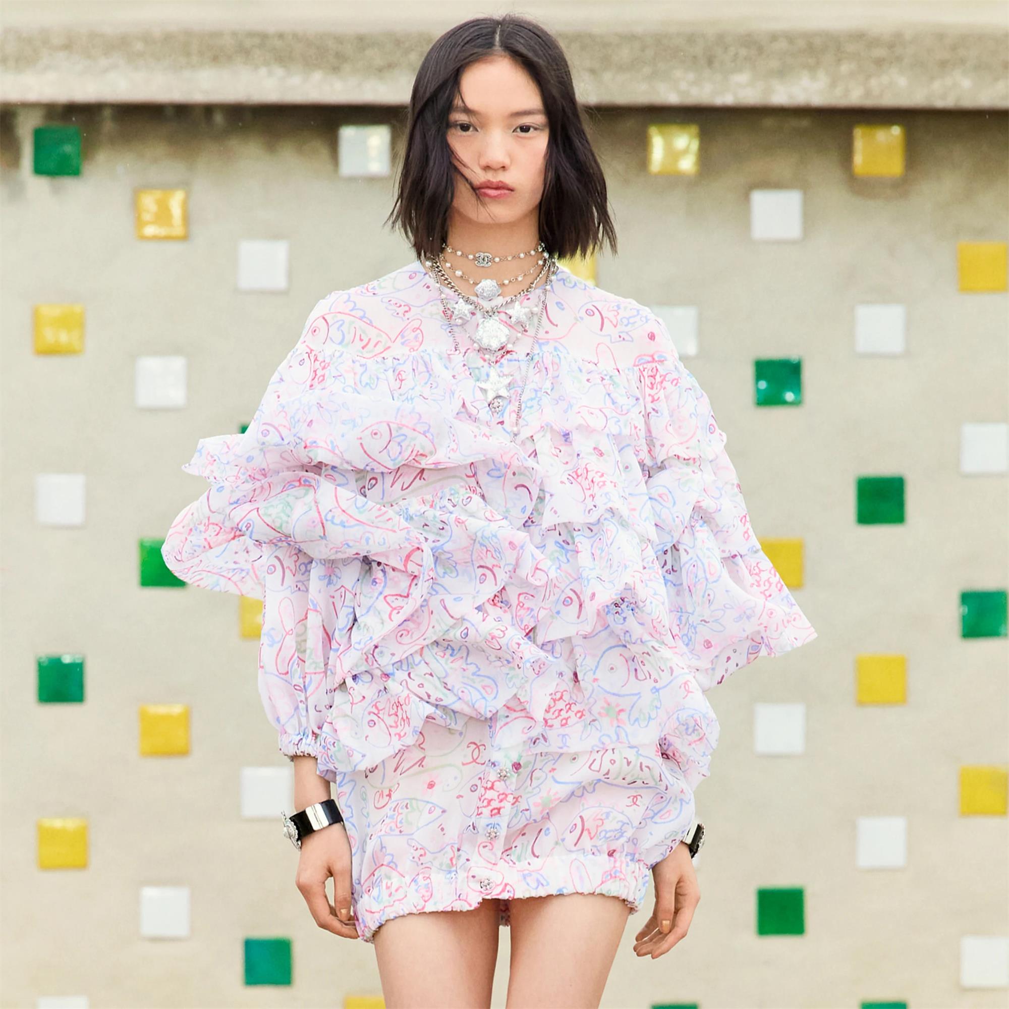 NIGO Chanel Women's Summer Fish Printed Silk Lace Short Sleeve Short Dress #nigo75594