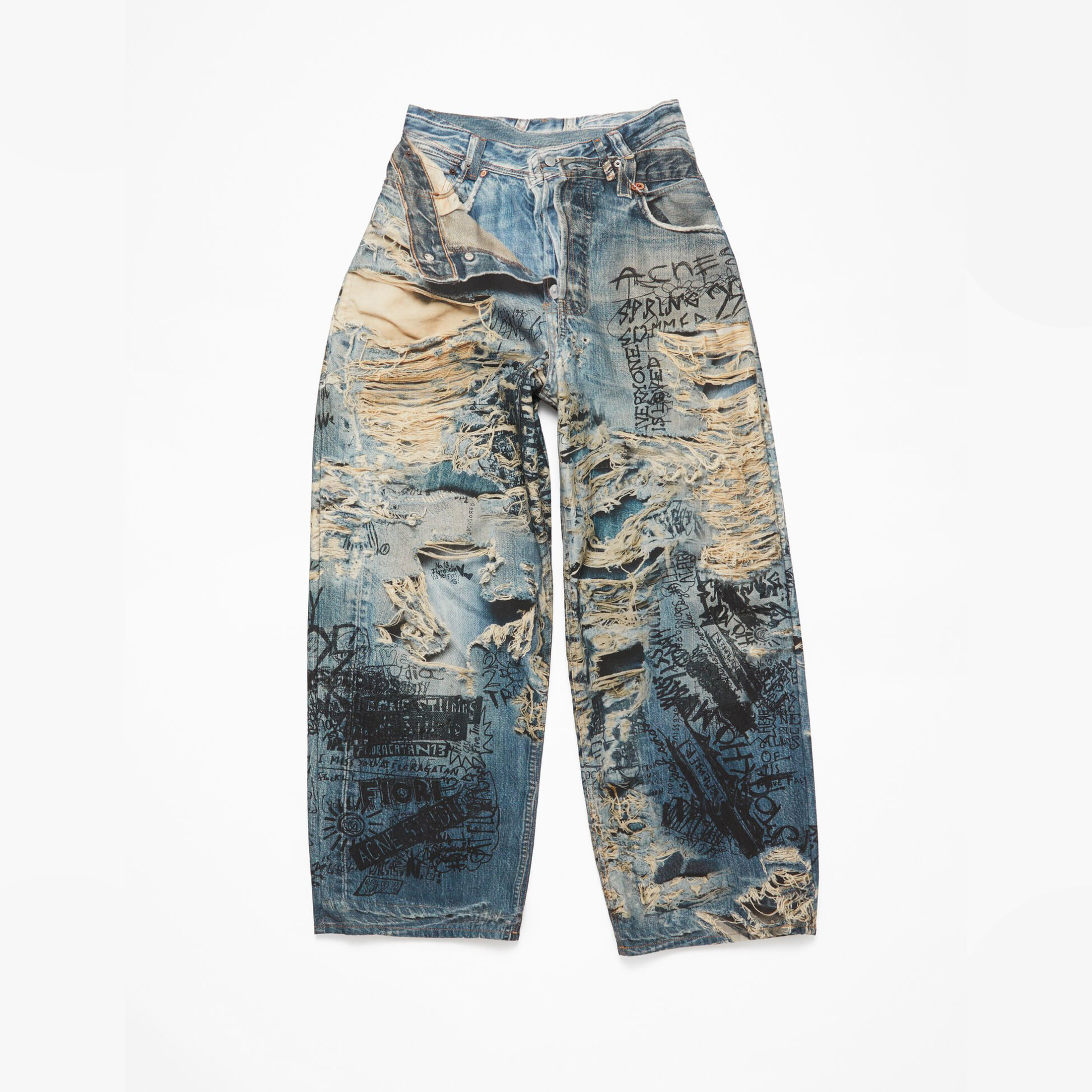 NIGO Acne Studios Men's Spring And Summer Ripped Graffiti Mise-en-scène Effect Print Denim Pants Super Loose Fit Jeans Fashion High Street Casual Blue Straight Trousers Ngvp #nigo1186