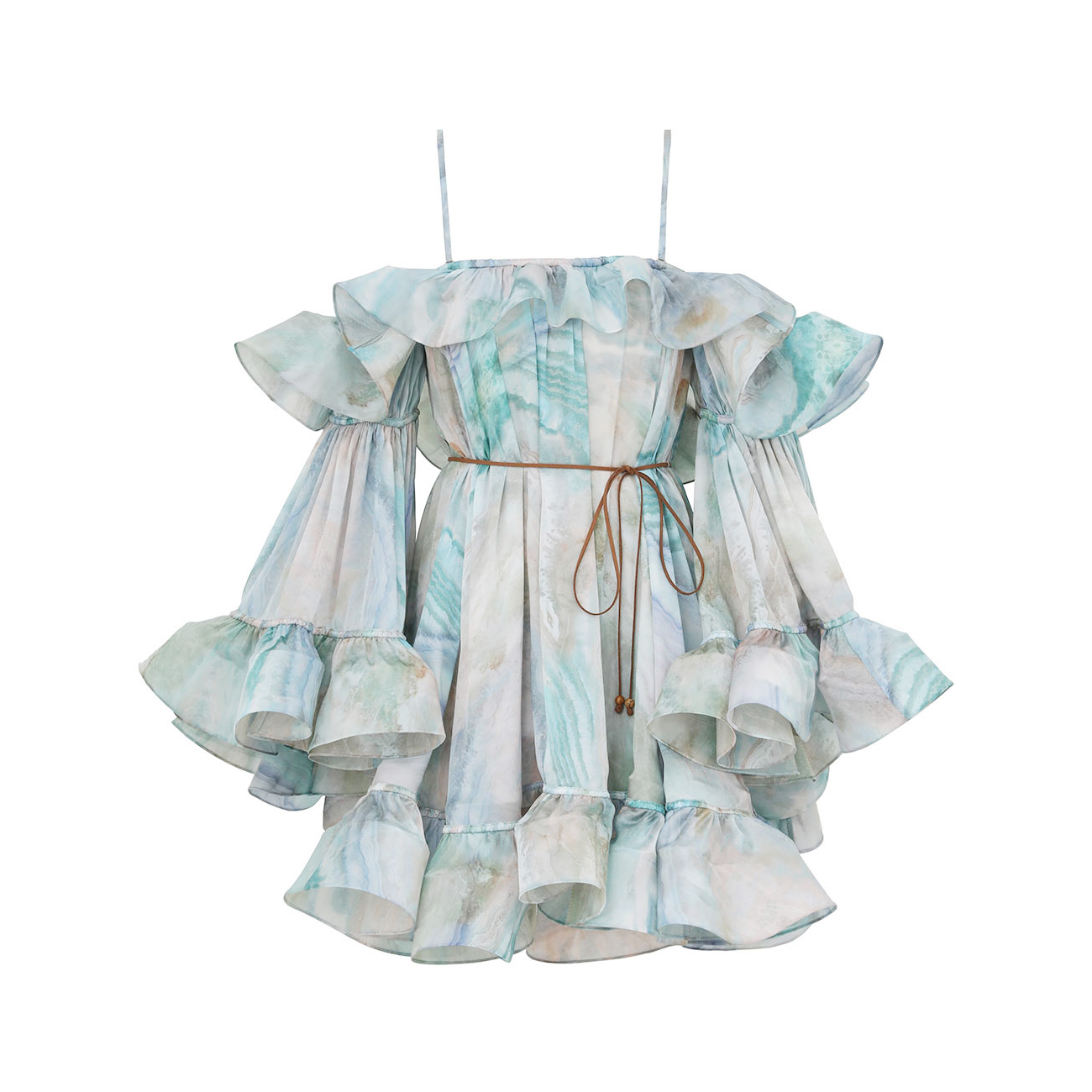NIGO Zimmermann Women's Summer Blue Ruffle Design Adjustable Straps Silk Long Sleeve Dress #nigo75613