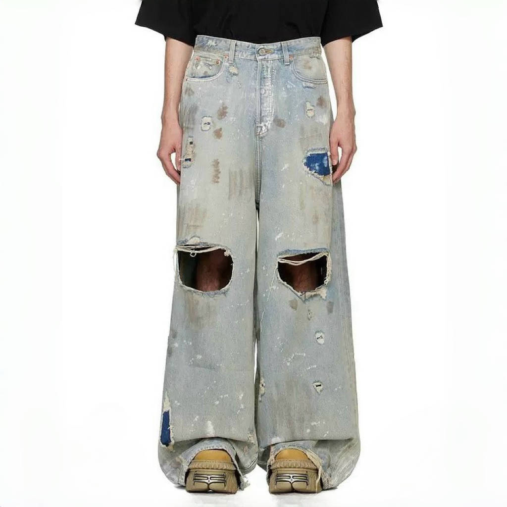 NIGO Vetements Men's Four Season Mid Rise Solid Color Distressed Holes Jeans Casual Cotton Loose Wide Leg Pants Ngvp #nigo1211