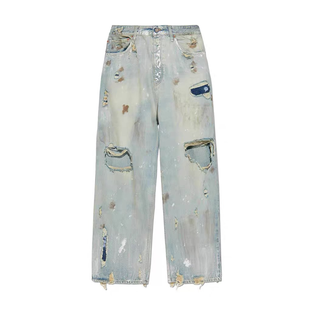 NIGO Vetements Men's Four Season Mid Rise Solid Color Distressed Holes Jeans Casual Cotton Loose Wide Leg Pants Ngvp #nigo1211