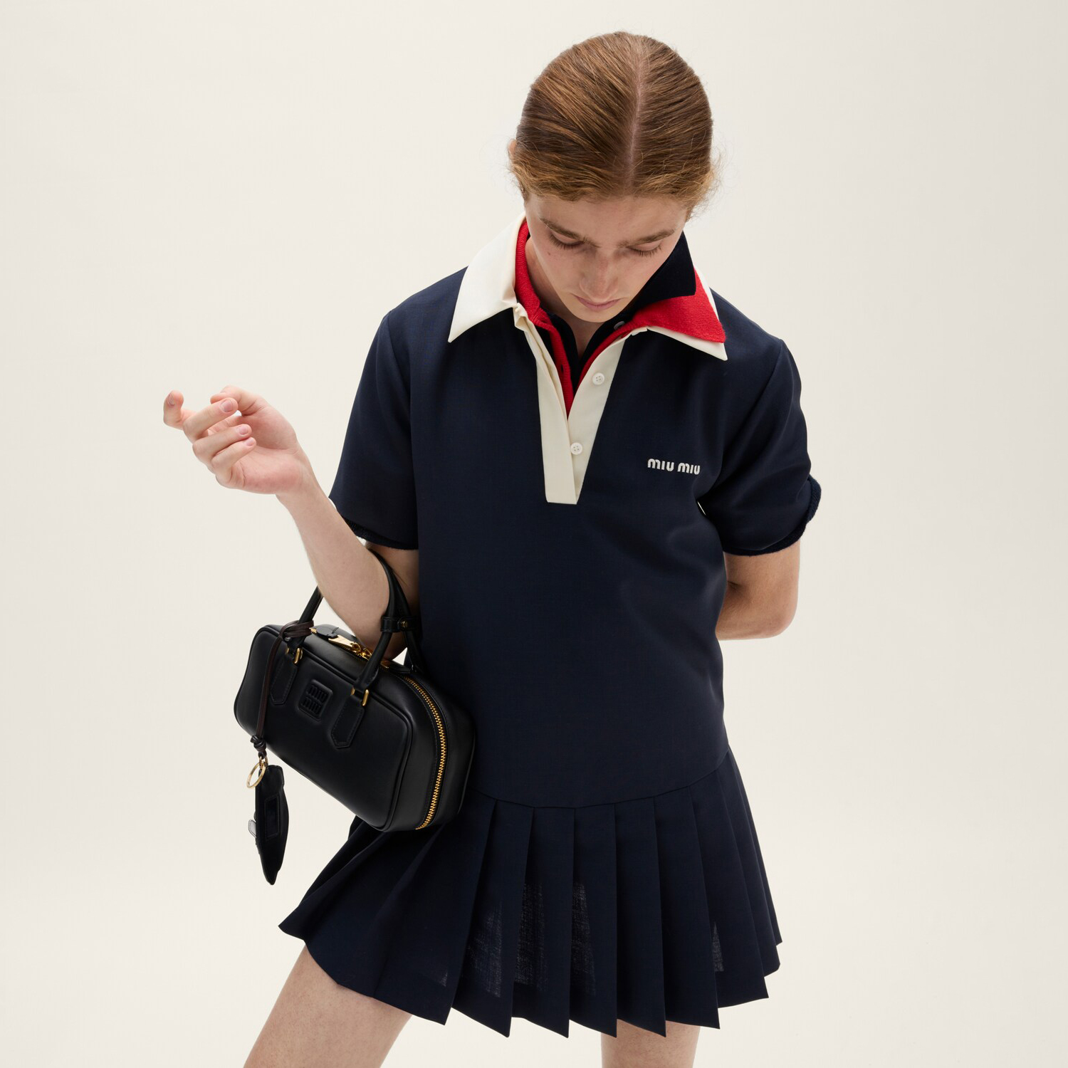 NIGO MiuMiu Women's Summer Solid Color Logo Embroidery Pleated Fine Sister Mini Short Sleeve Dress Short Dress #nigo75582