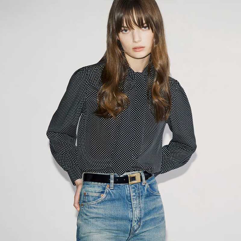 NIGO Saint Laurent Women's Spring/Summer Polka Dot Vintage Solid Color Neck Scarf Silk Long Sleeve Shirt Ngvp #nigo1217