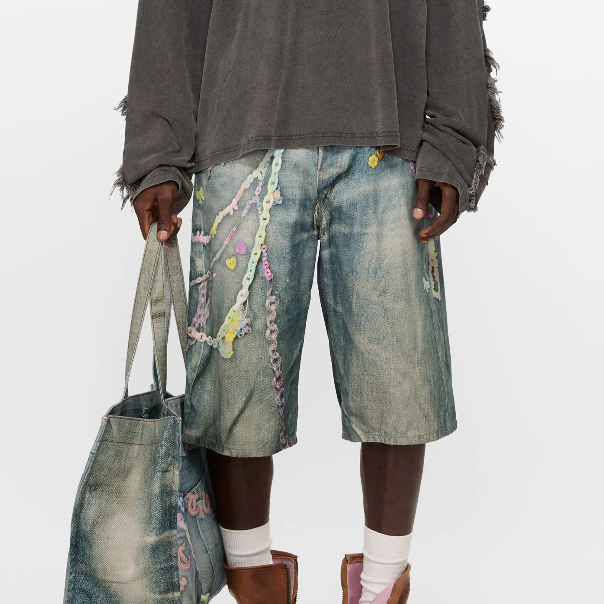 NIGO Acne Studios Men's Chain 3D Printed Summer Vintage Cotton Solid Color Loose Fit Denim Shorts Ngvp #nigo1223