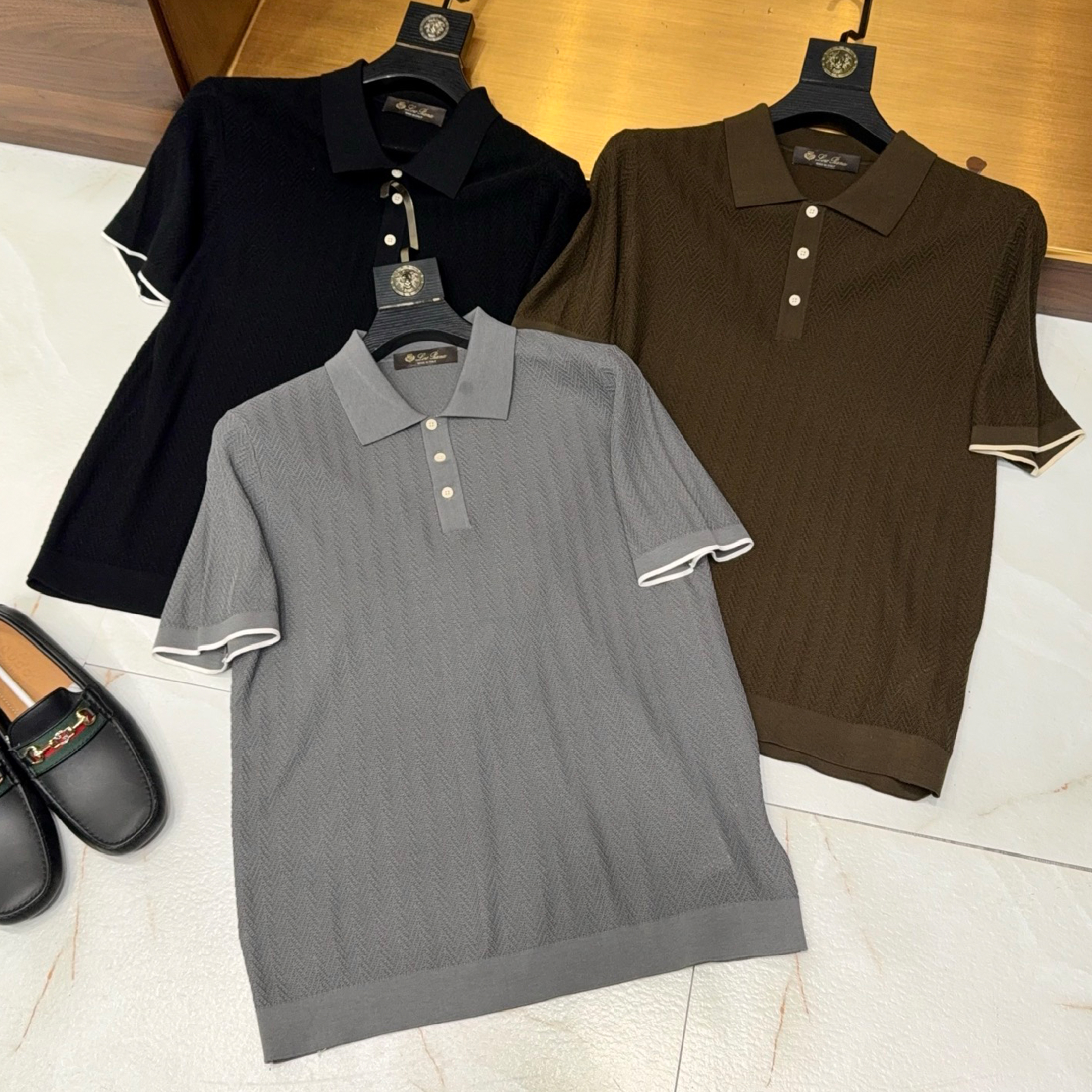 NIGO Loro Piana Men's Summer Business Casual Polo Shirt Mulberry Silk Wave Knit Jacquard Lapel Short-sleeved T-shirt Handsome Temperament Shirt Ngvp #nigo1195